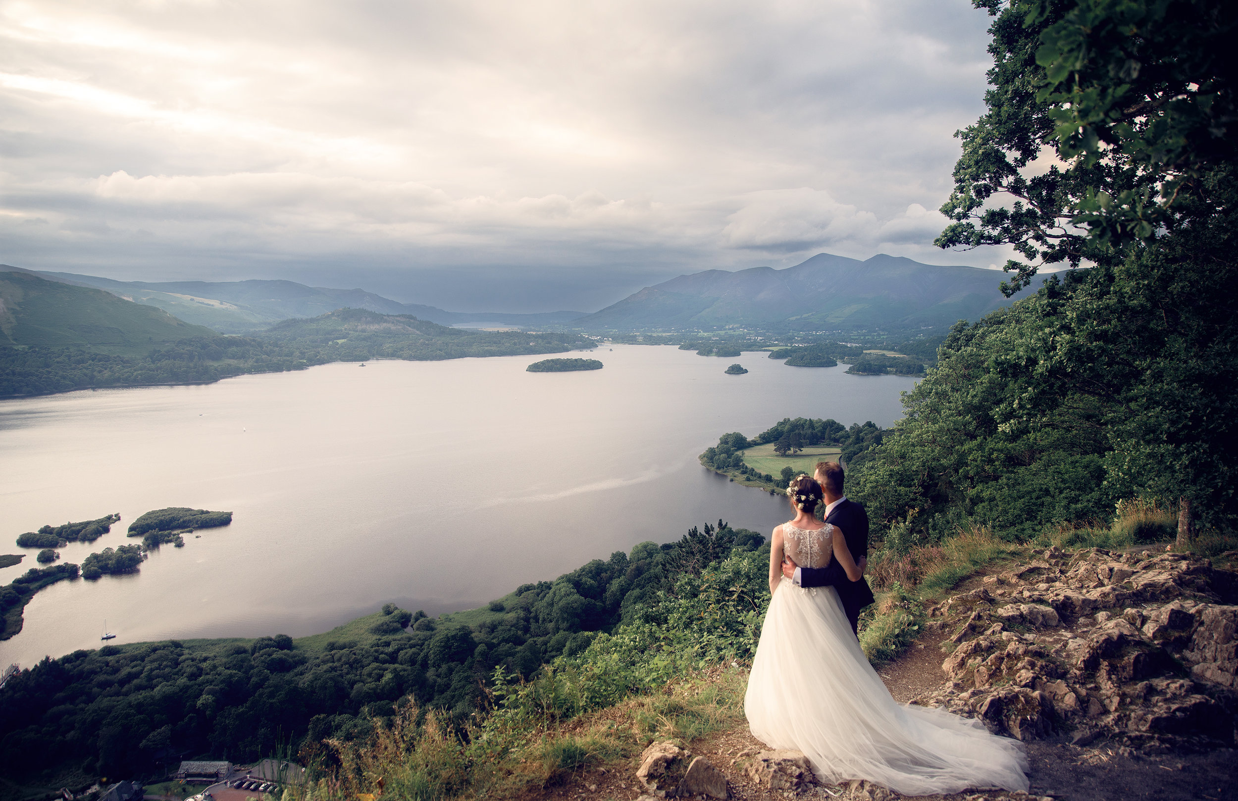 Bride and Groom portrait overlooking Derwent Water