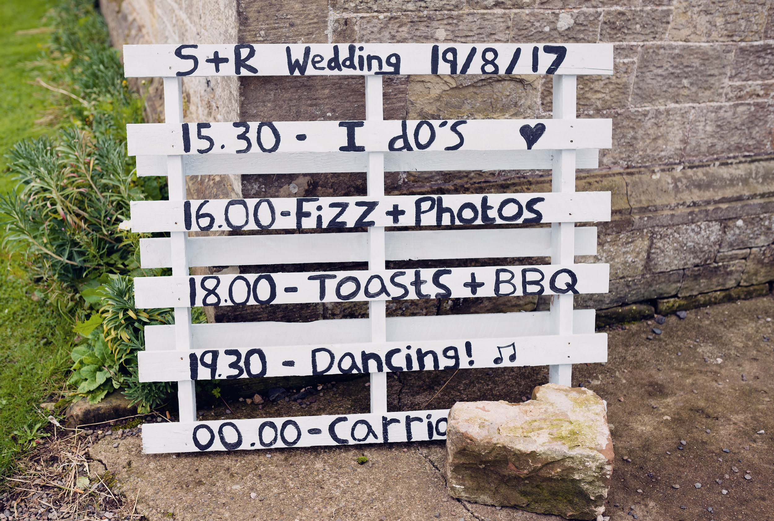 The wedding timetable displayed on a old pallet