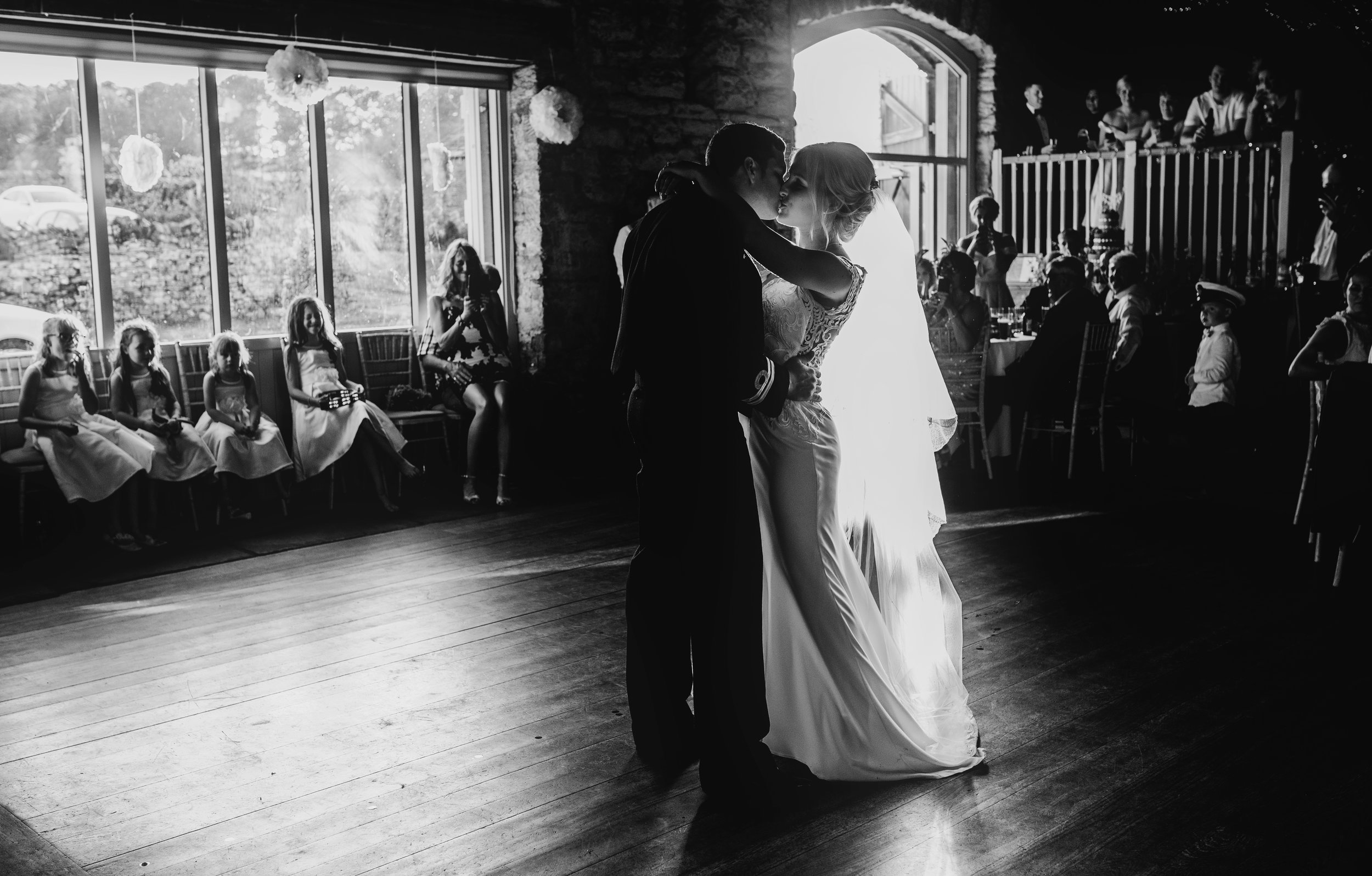 Laura and Jono Black and White first dance image at Askham Hall