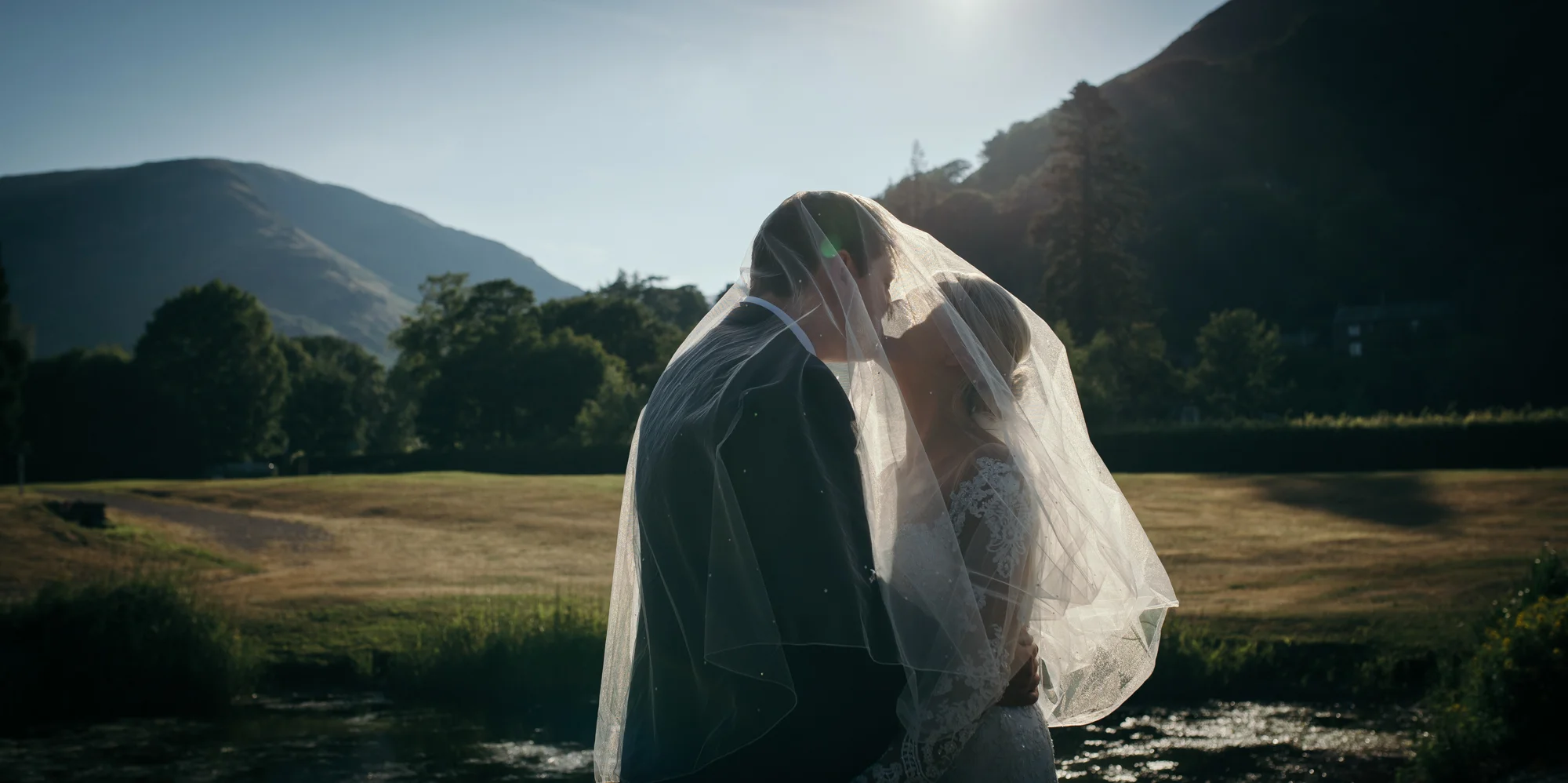 The bride and groom kissing under the brides veil