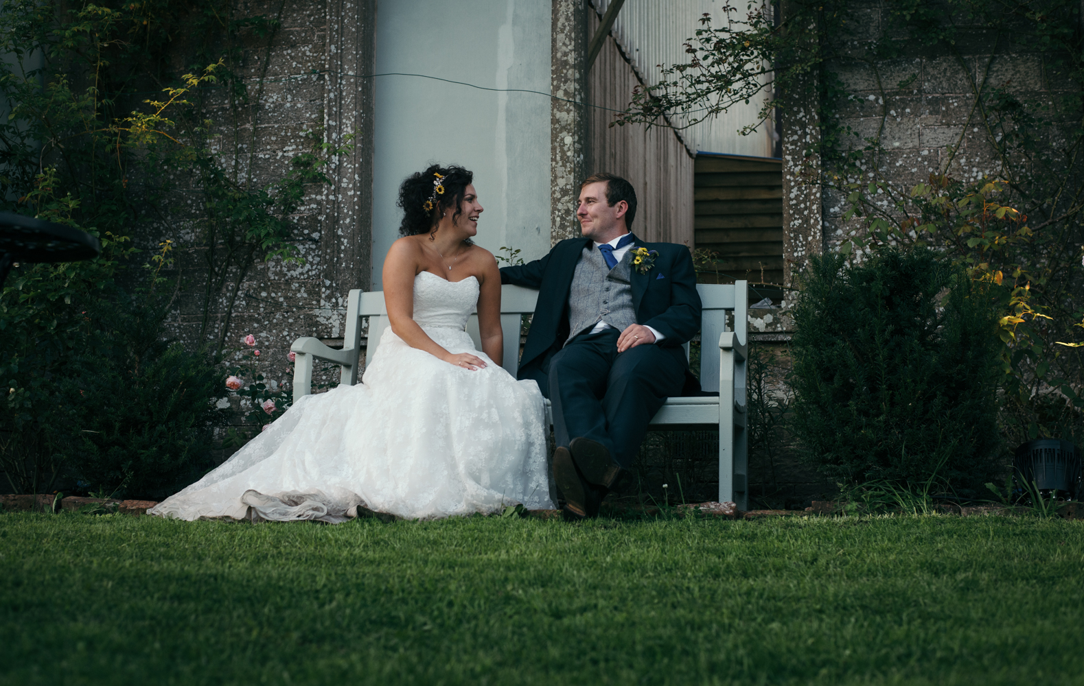 The bride and groom taking a relaxing break for couples portraits