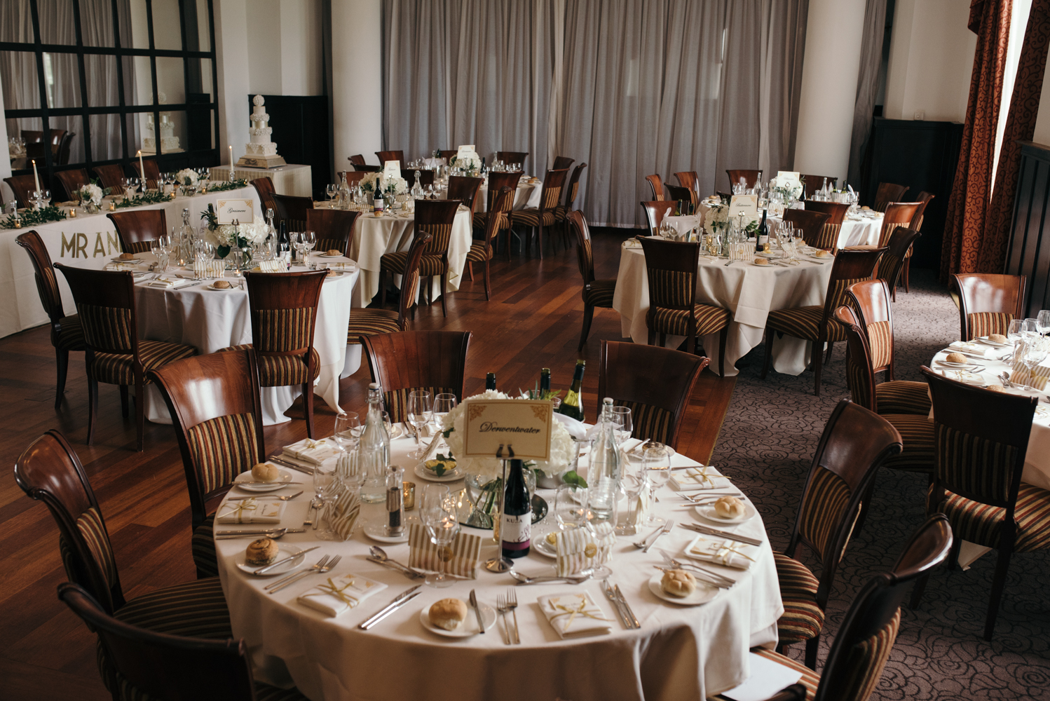 The wedding breakfast room all set up ready to receive wedding guests