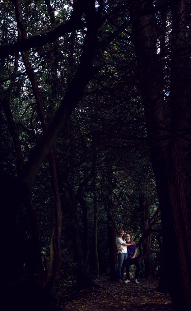 Pre shoot - A couple standing in the woods dark and moody photo