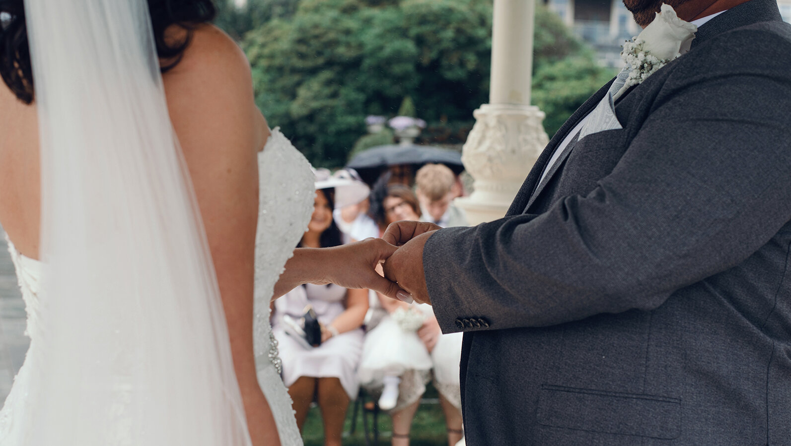 The bride and groom exchanging wedding rings