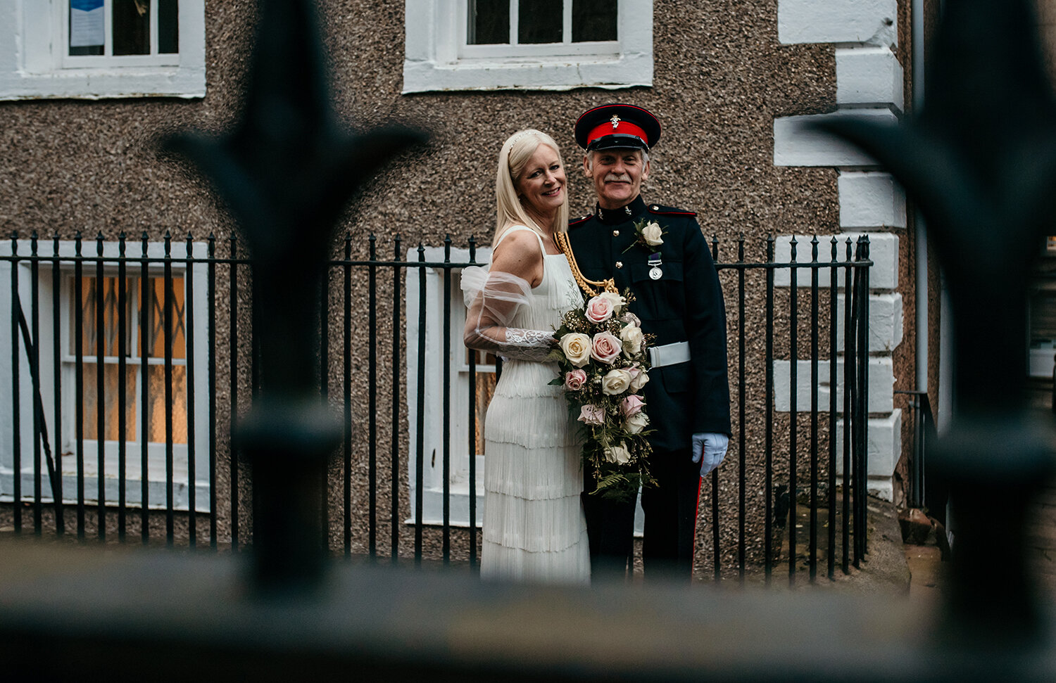 A bride and groom portrait in the gardens