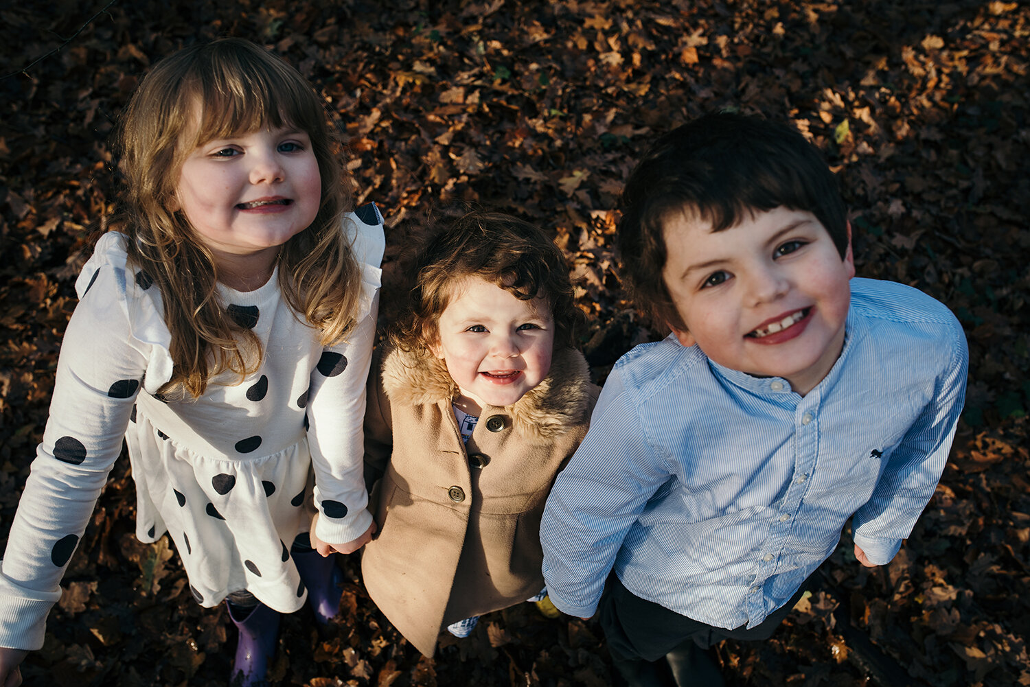 Three kids looking up to the camera