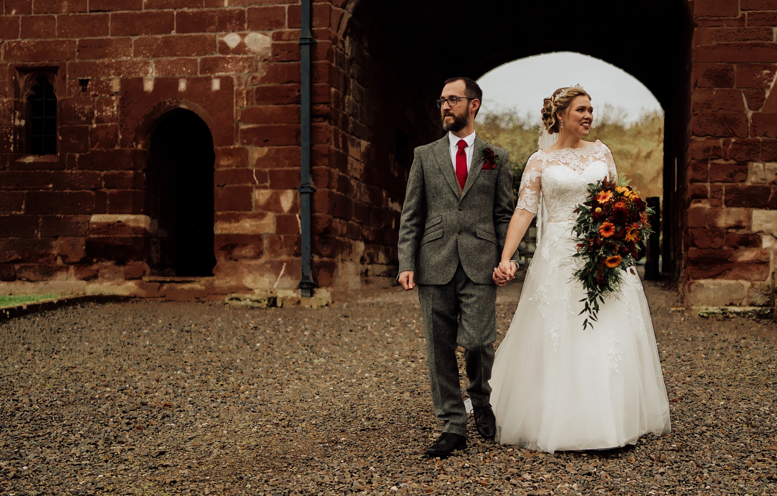 Bride and groom walking together