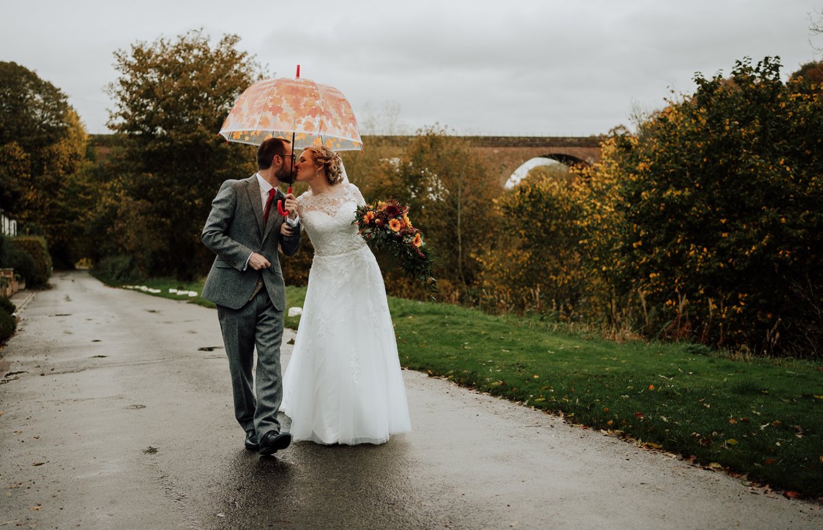 Bride and groom kissing under an umbrella in the rain