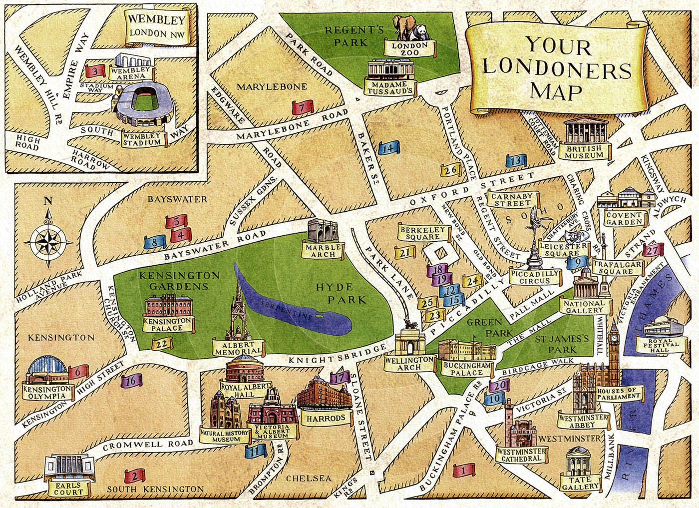 Brochure illustration showing some London hotels and landmarks.