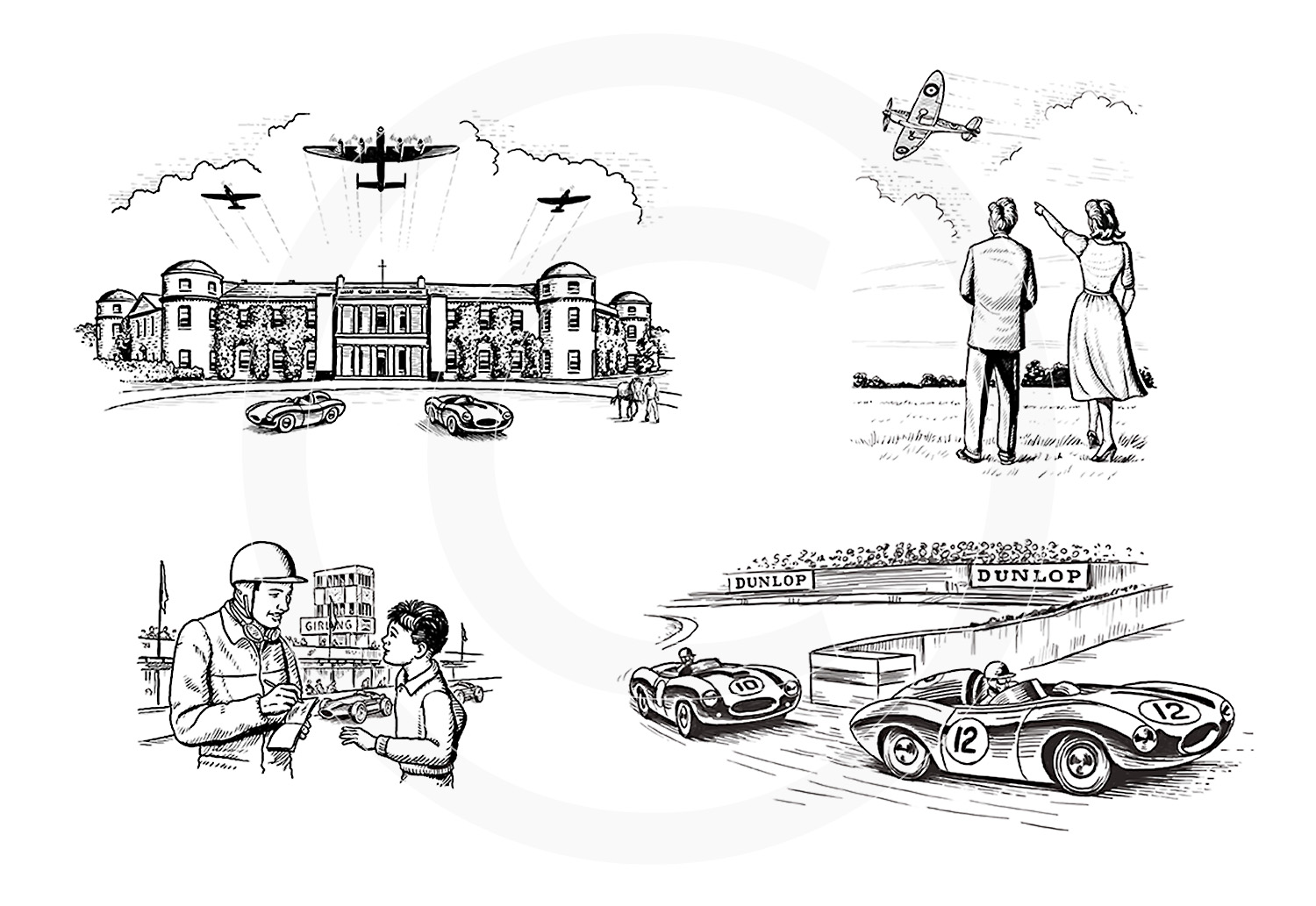 Goodwood Revival : A few woodcut style illustrations produced for a Goodwood Revival programme.