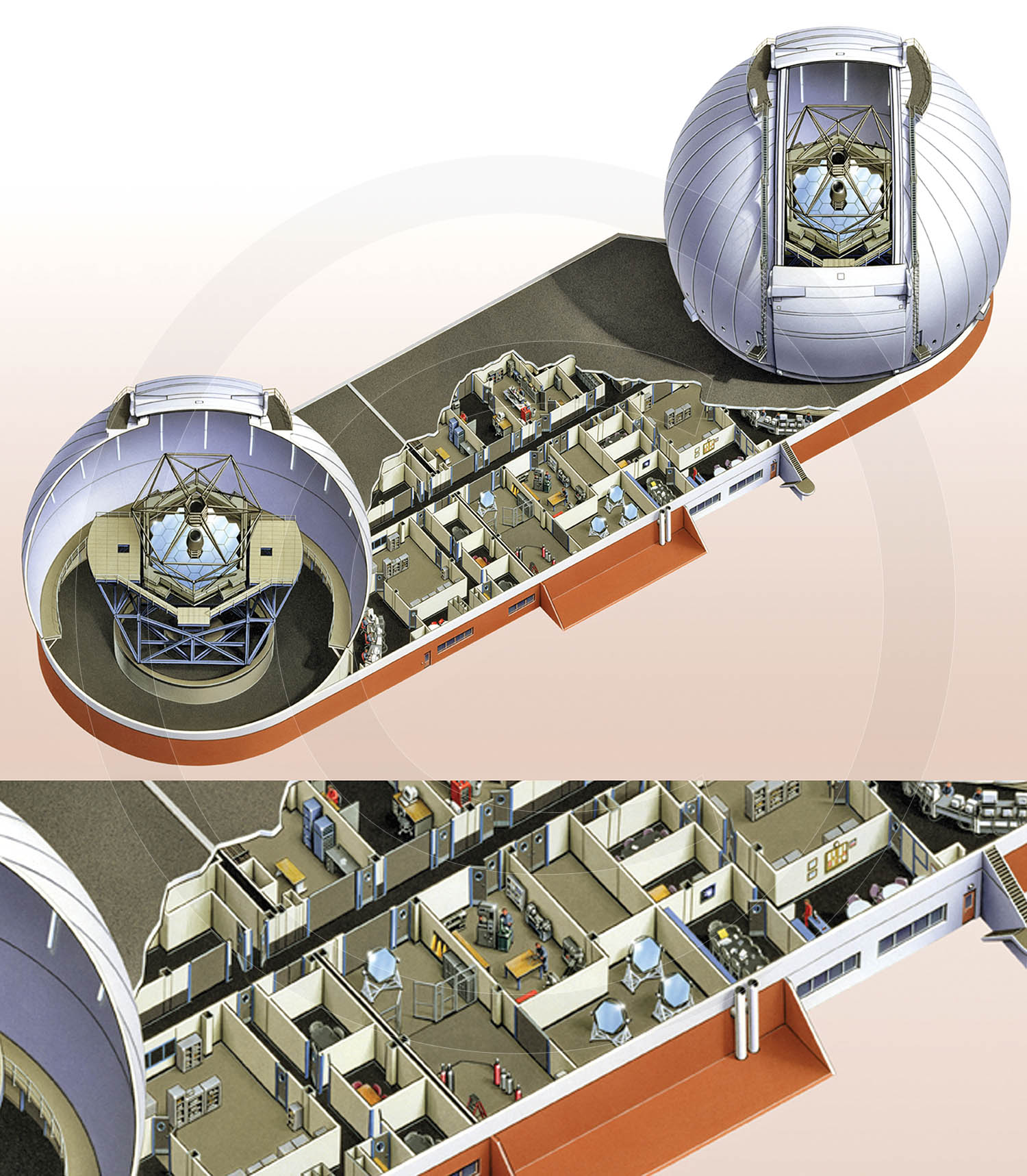 A cutaway book illustration of the Keck Observatory at Mauna Kea in Hawaii. A double page spread illustration and later used by the observatory itself.