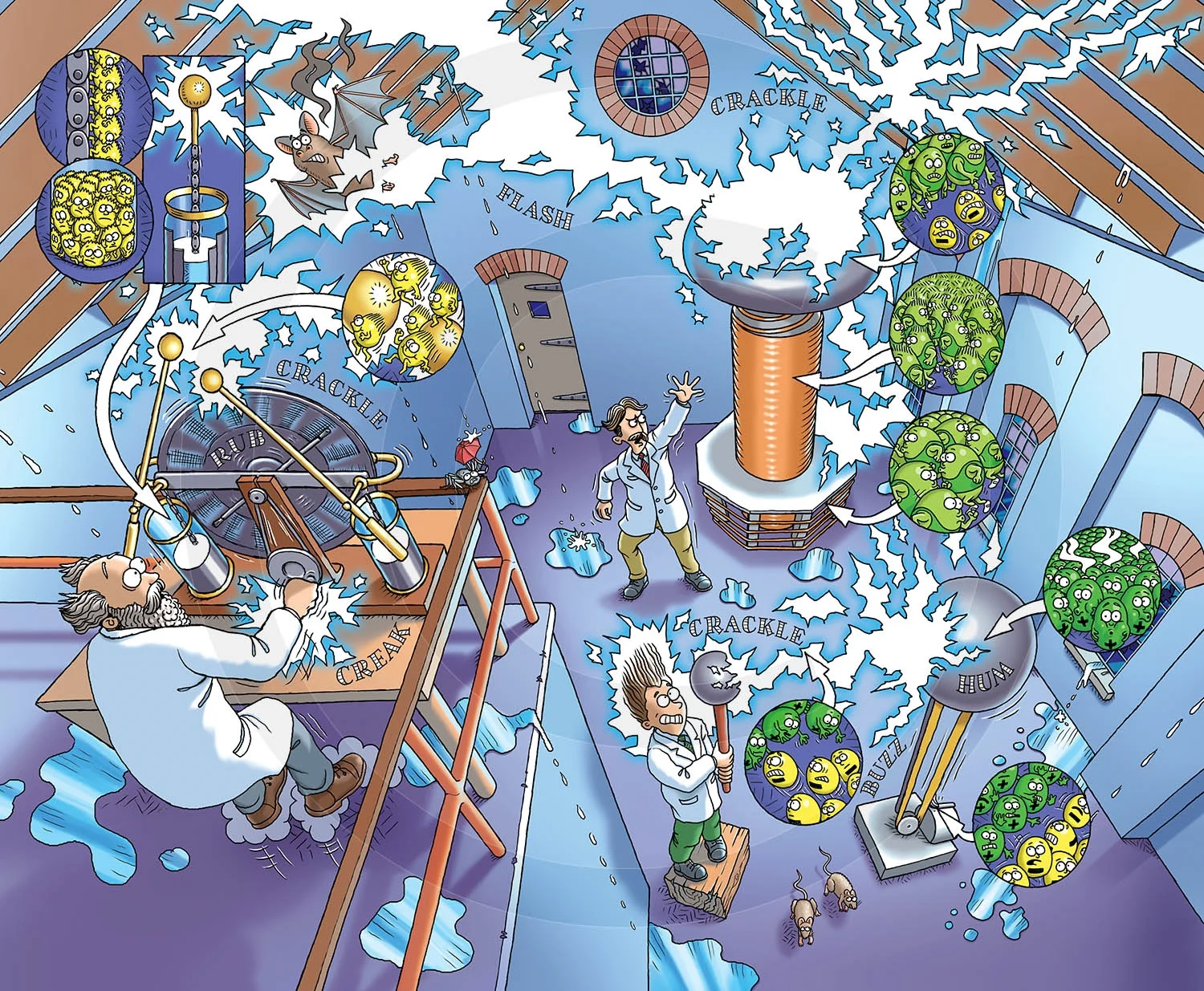 LIGHTNING SHACK : A ‘Horrible Science’ magazine illustration. Boffins in the laboratory generating electricity.