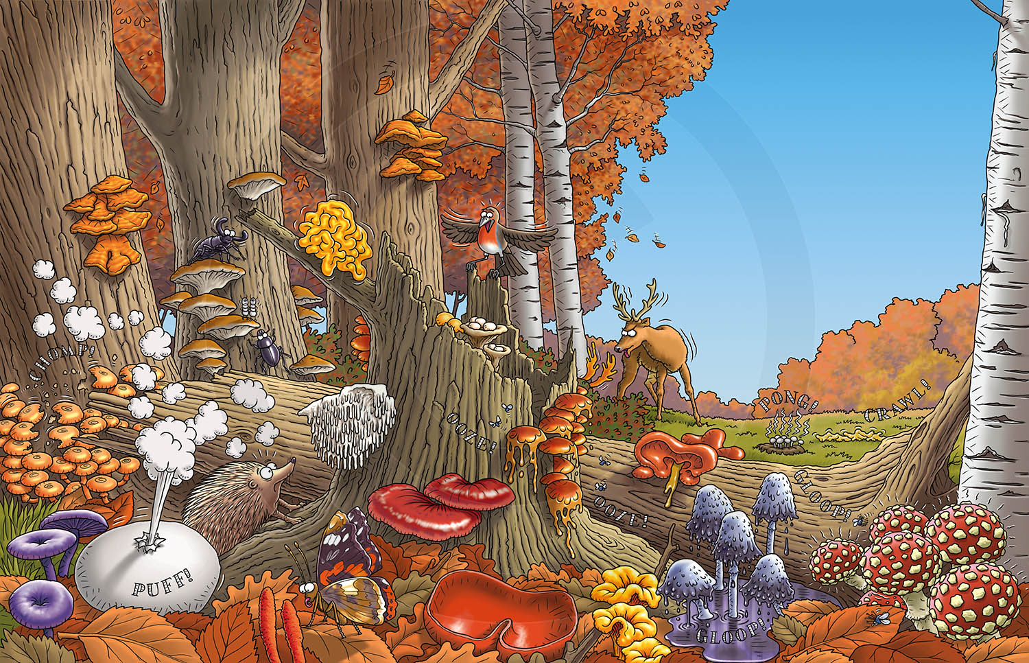 ROTTON WOOD, MOULDY WOOD : One of my many 'Horrible Science' illustrations. Very autumnal, lots of fungus!