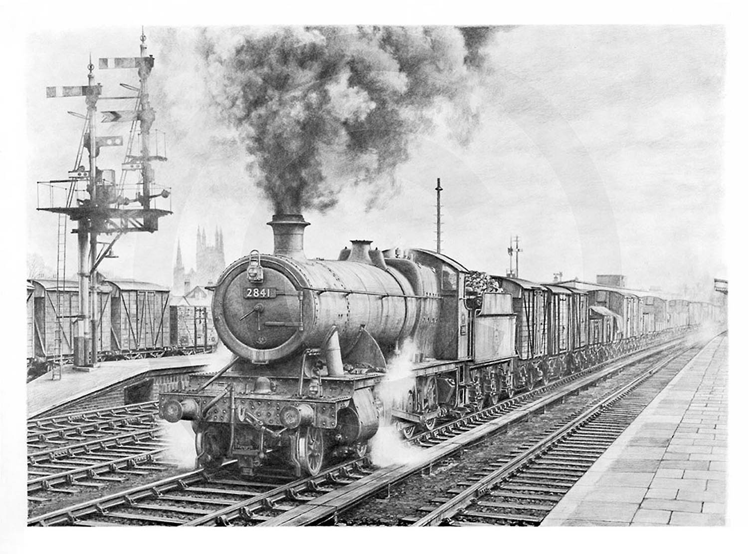 A freight train at Leamington Spa in the 1960s. Pencil drawing.