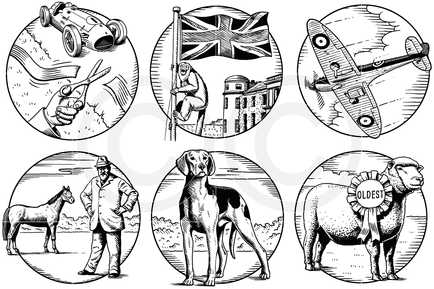 Goodwood : Some map icons for Goodwood drawn in a woodcut style.