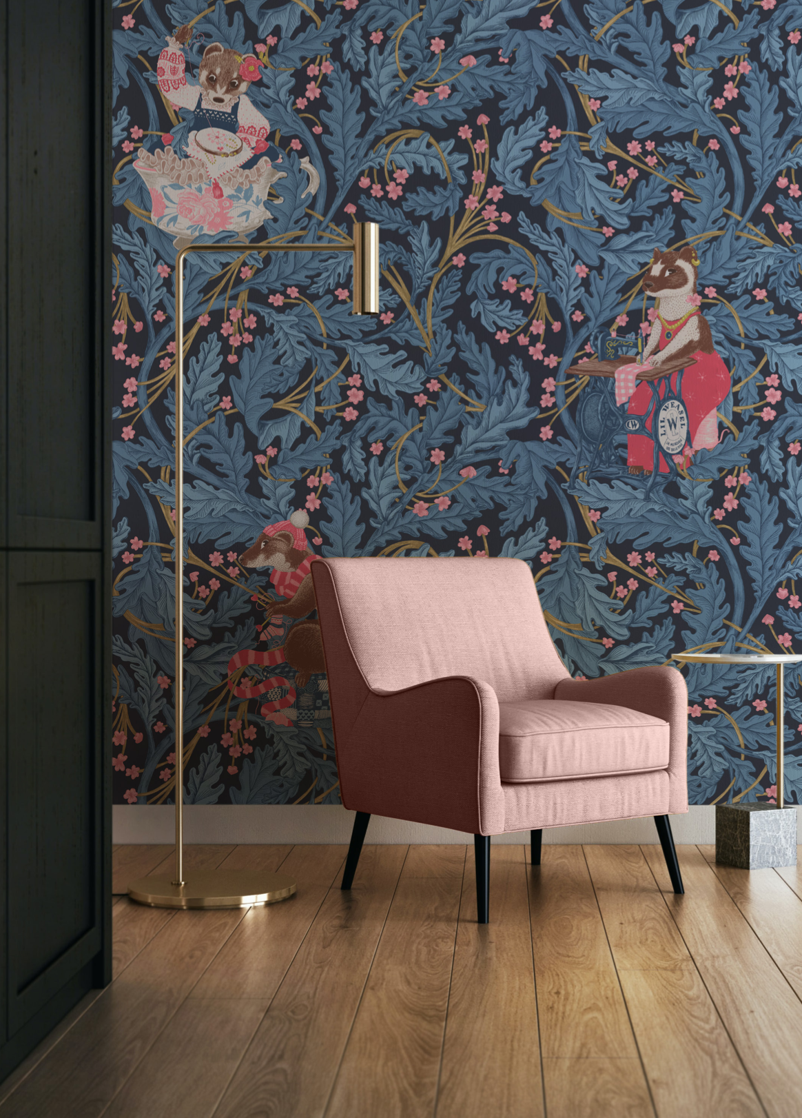 motif papier peint belatrix potter lil weasel tricot couture illustration broderie belettes salon de thé boutique paris hermine