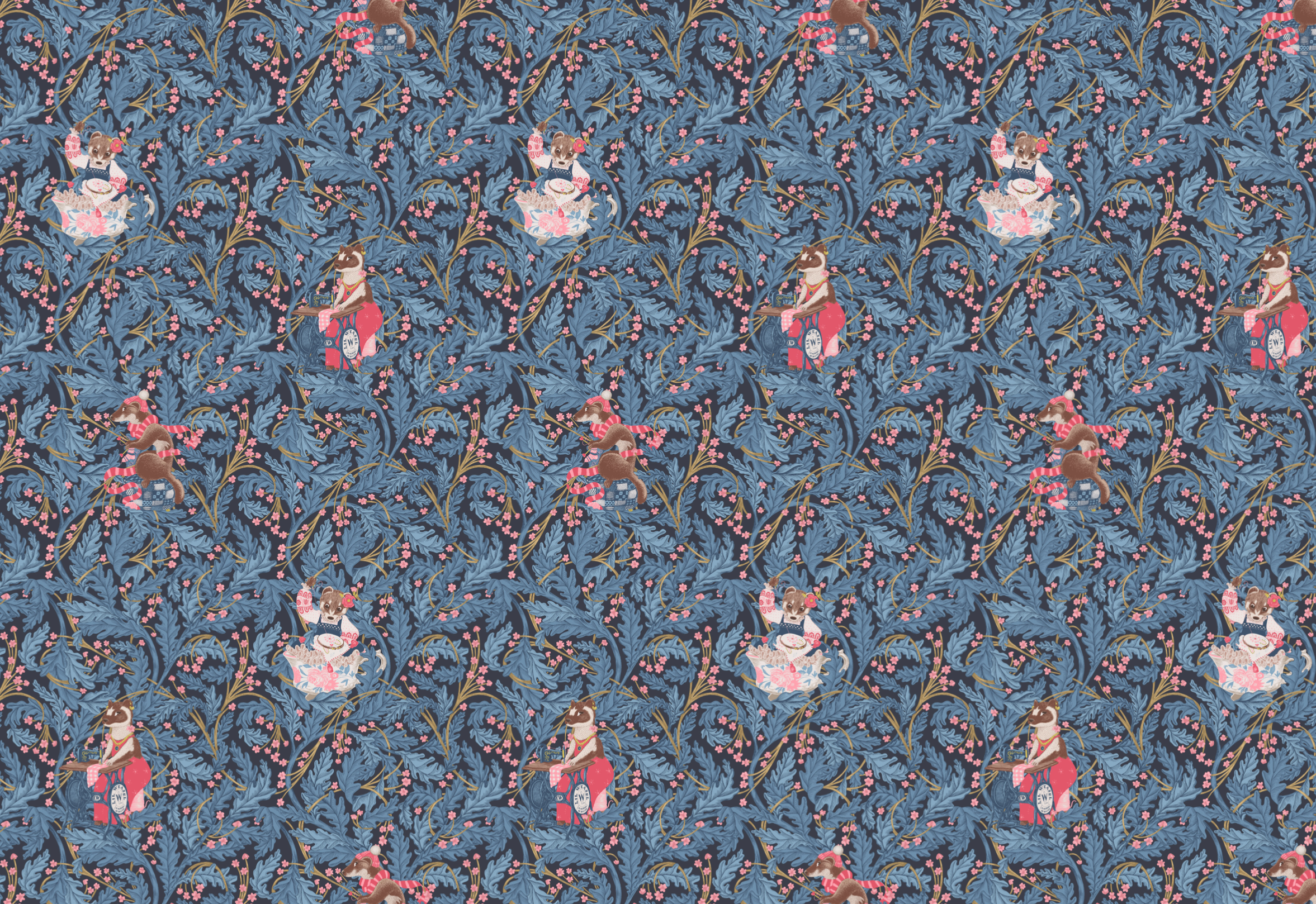 motif papier peint belatrix potter lil weasel tricot couture illustration broderie belettes salon de thé boutique paris