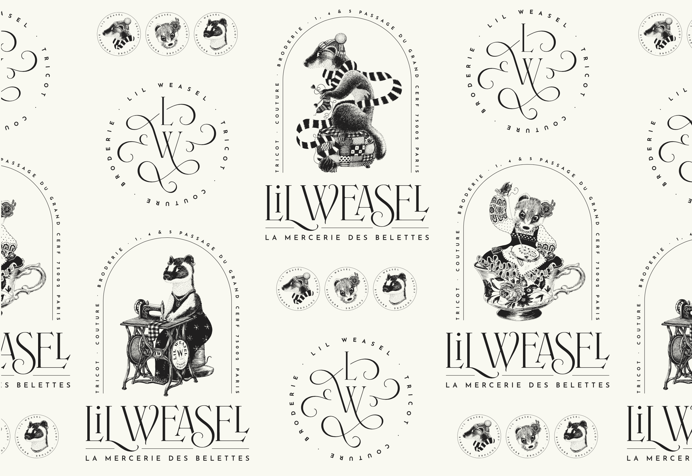 motif papier peint belatrix potter lil weasel tricot couture illustration broderie belettes salon de thé boutique paris hermine