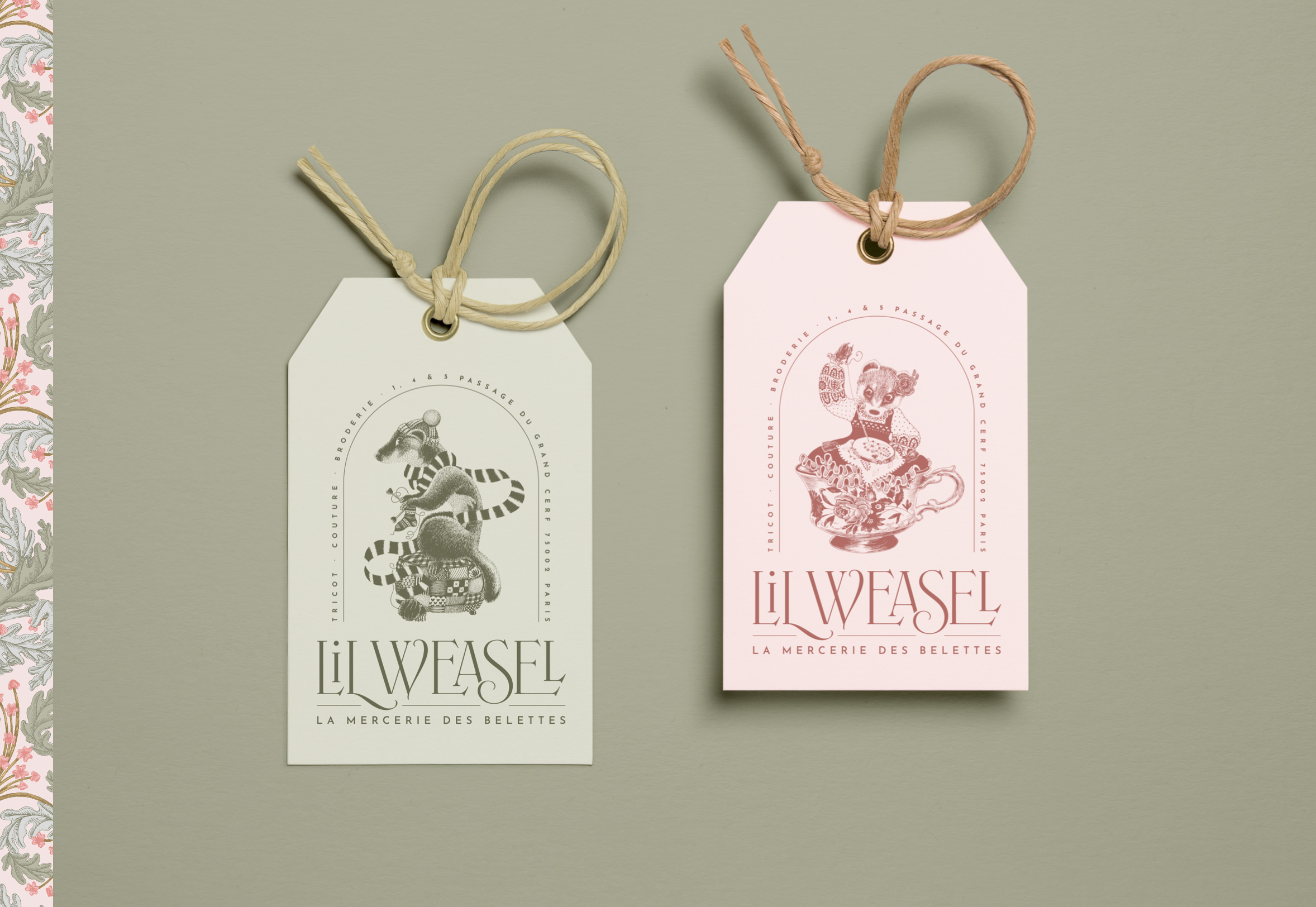 motif papier peint belatrix potter lil weasel tricot couture illustration broderie belettes salon de thé boutique paris hermine