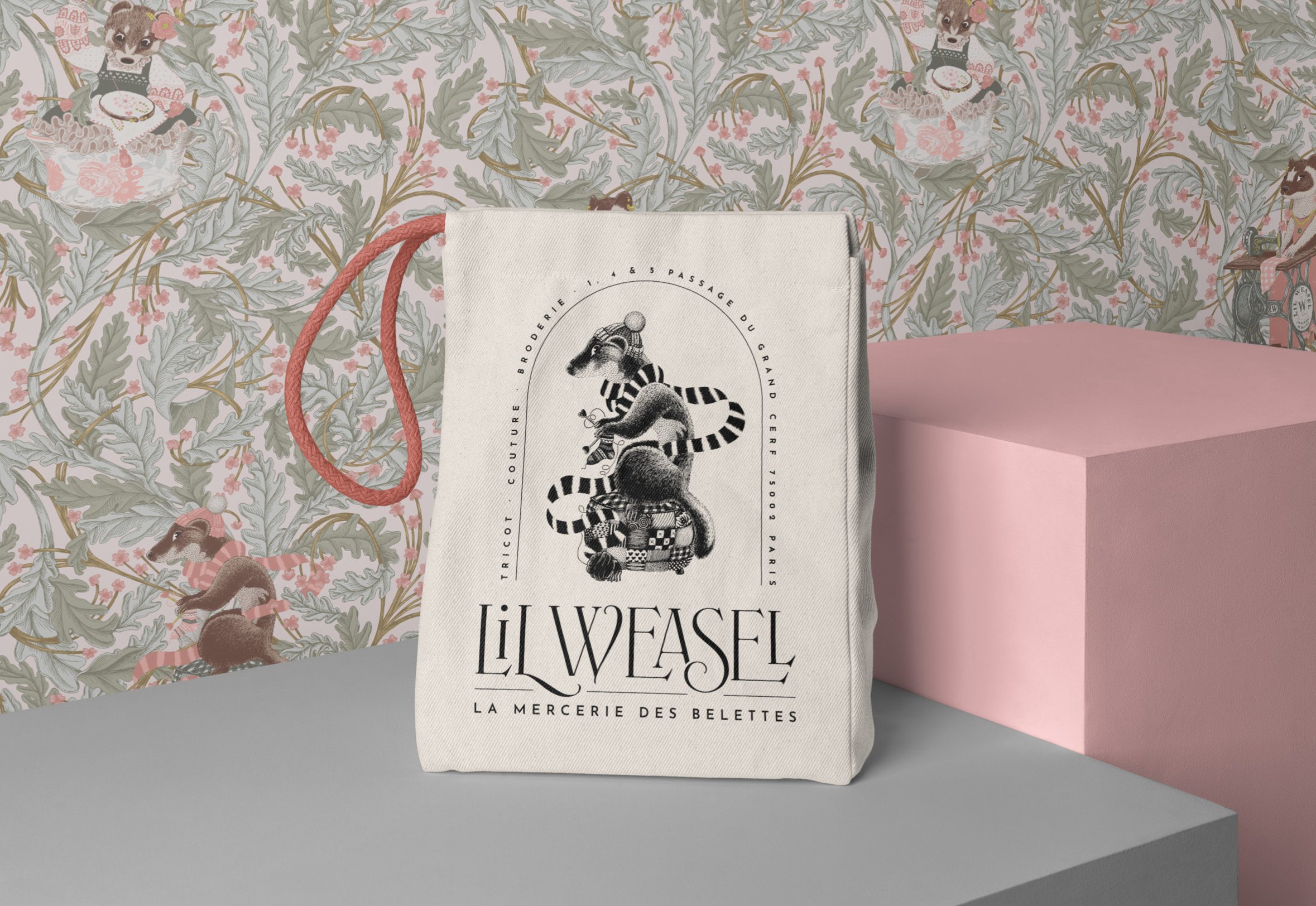 motif papier peint belatrix potter lil weasel tricot couture illustration broderie belettes salon de thé boutique paris hermine