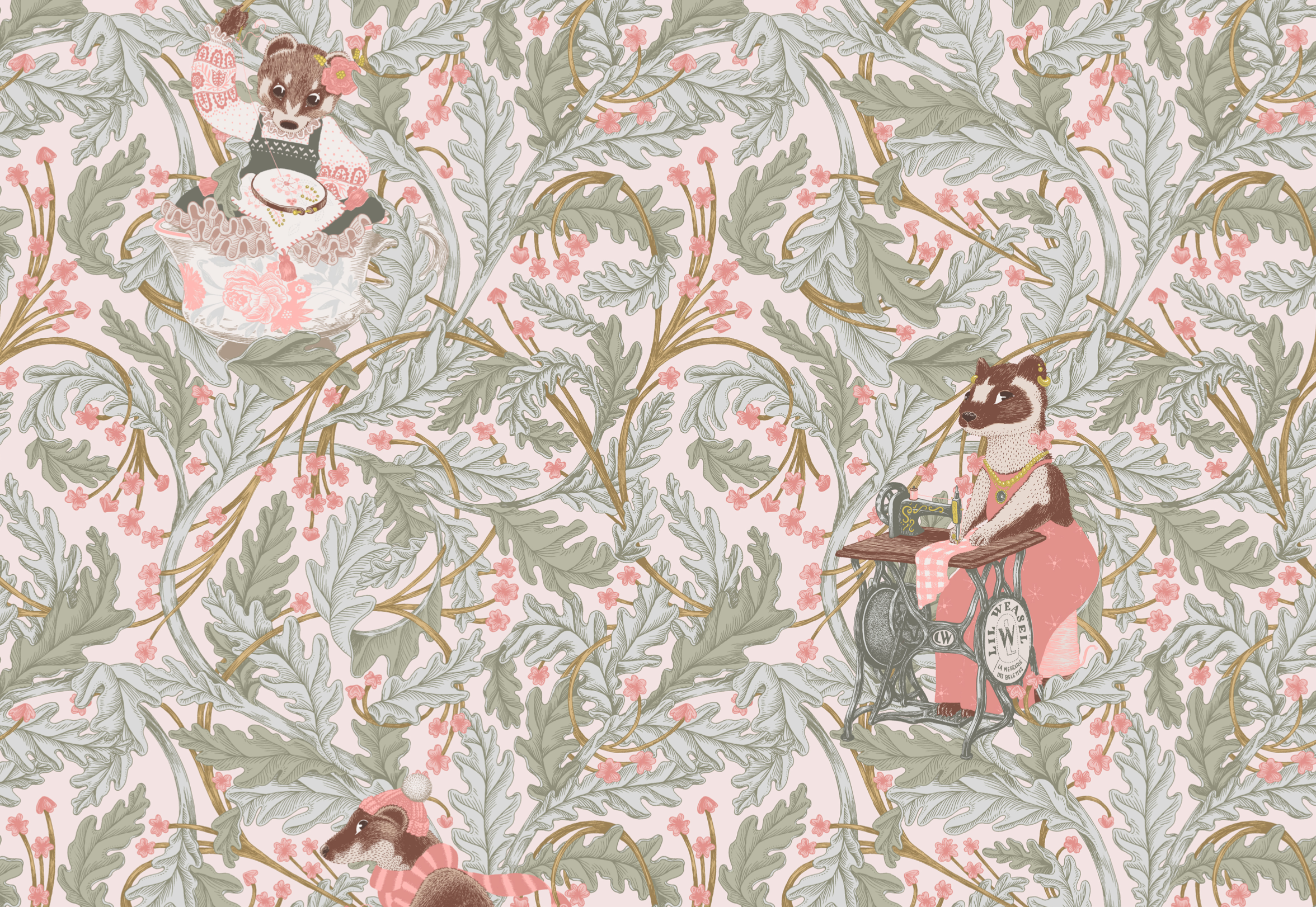 motif papier peint belatrix potter lil weasel tricot couture illustration broderie belettes salon de thé boutique paris hermine