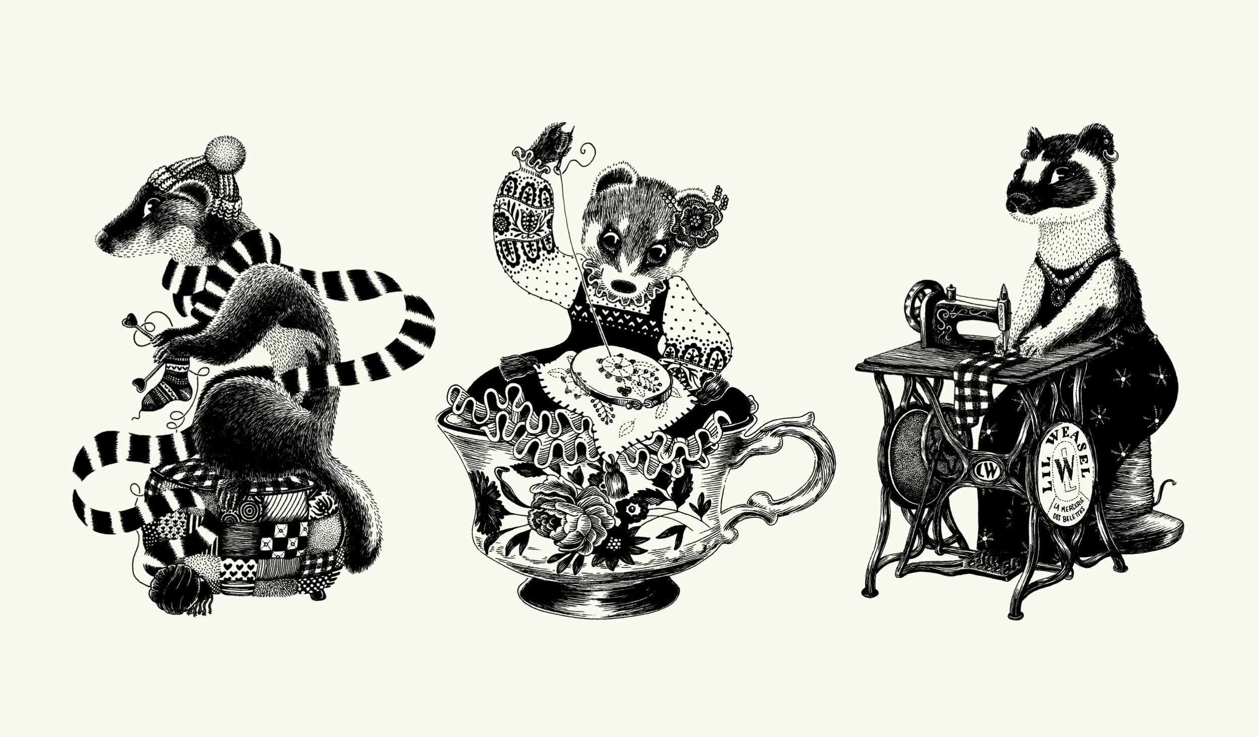 motif papier peint belatrix potter lil weasel tricot couture illustration broderie belettes salon de thé boutique paris hermine