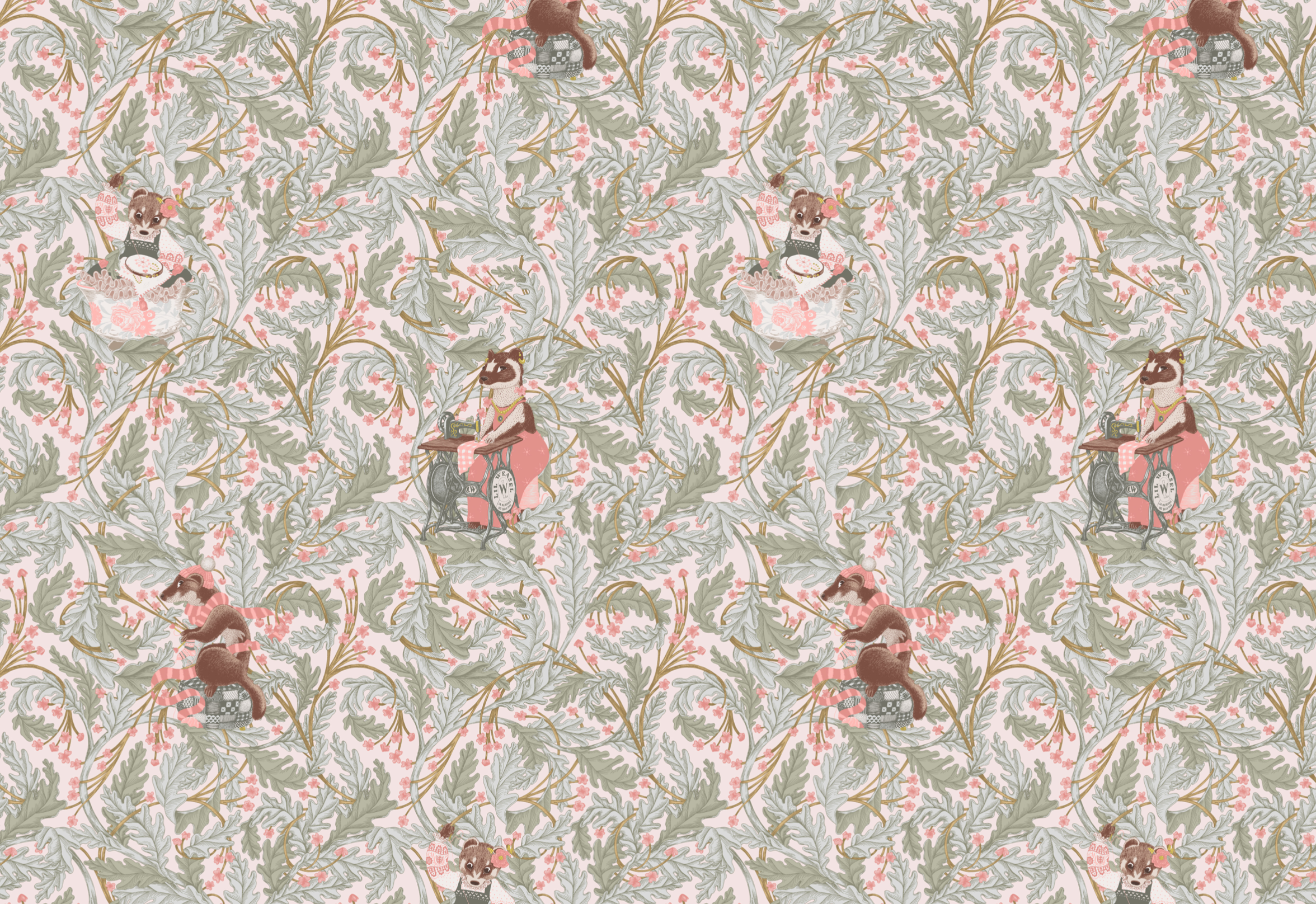 motif papier peint belatrix potter lil weasel tricot couture illustration broderie belettes salon de thé boutique paris hermine