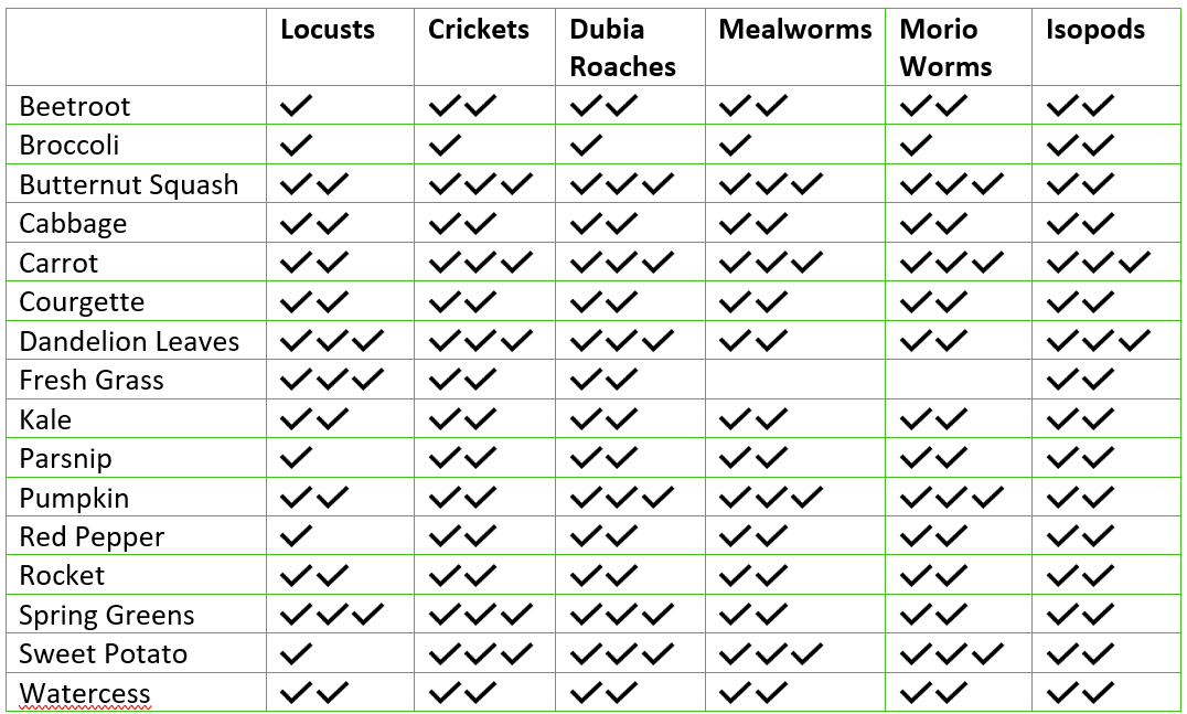 A comprehensive plant and vegetable chart categorizing various crops like beetroot, broccoli, and carrots, indicating which bugs or pests such as locusts, crickets, and mealworms affect each.
