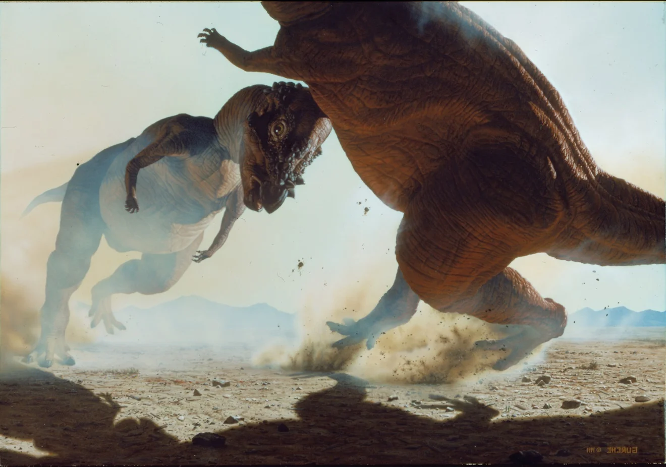 Pachycephalosaurus. When display fails. Two Pachycephalosaurus individuals, relatives of Stygimoloch , fight by head-butting. This painting appeared in the January, 1993 issue of National Geographic Magazine and on the back cover of The Art of National Geographic. $85,000