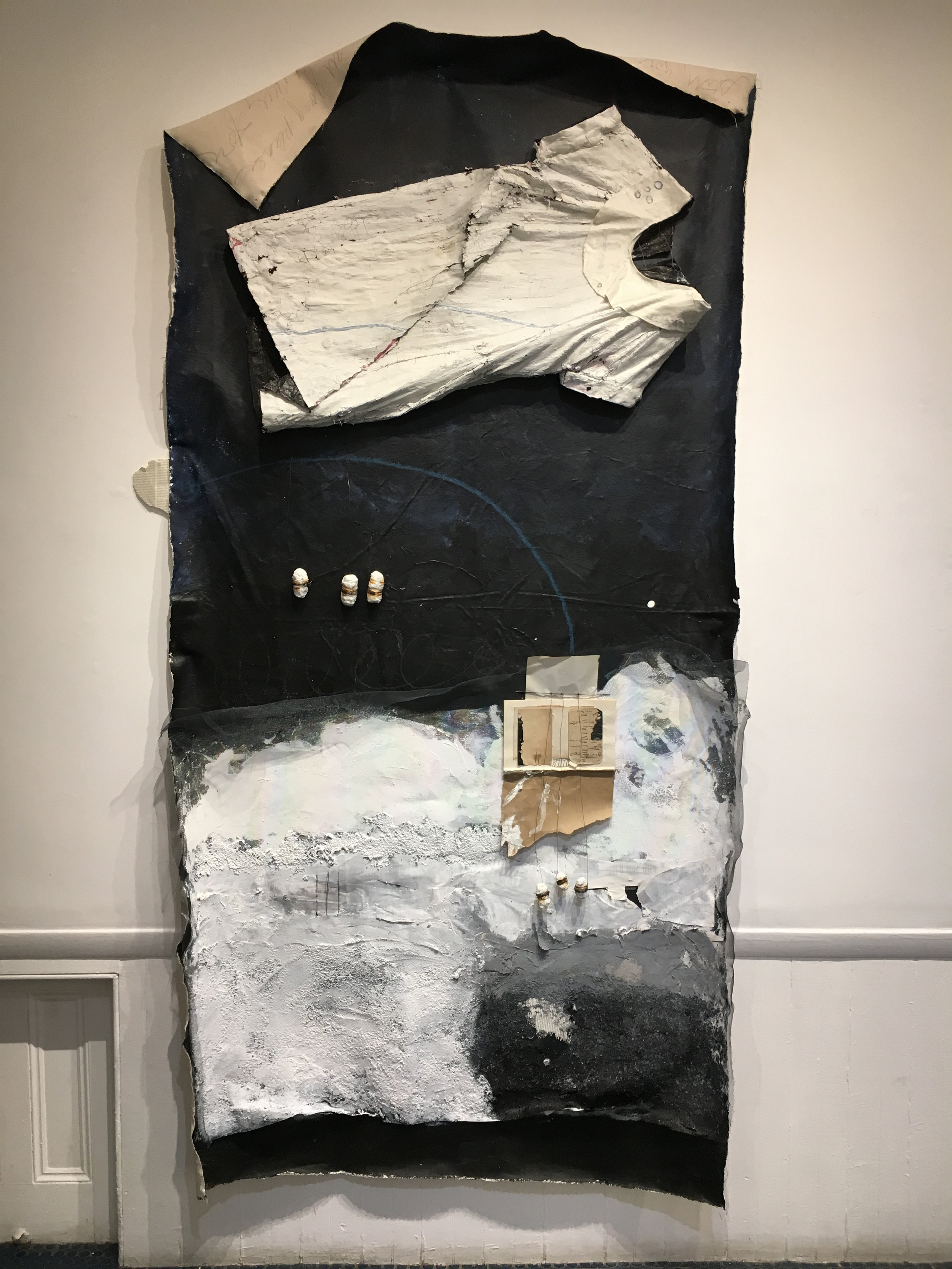 Pupal . 2017. Canvas, paint, paper, dress, plaster, wire. 5’ x 6’.