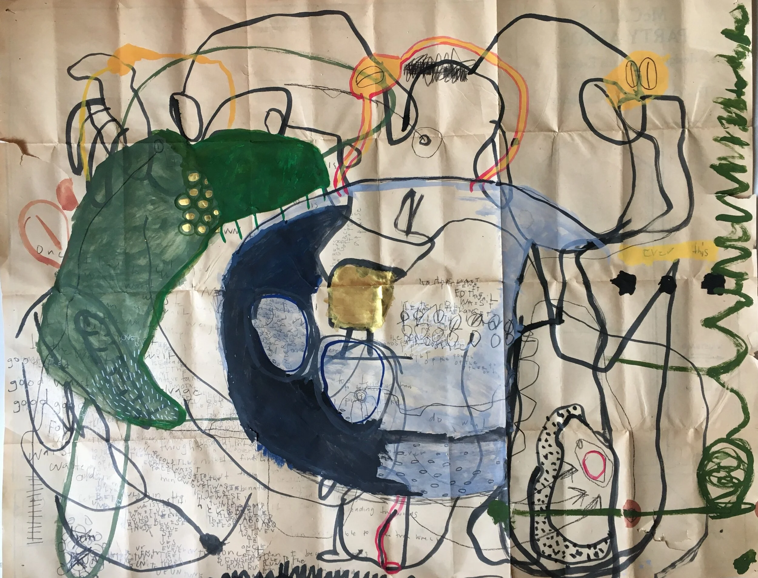 Waist to be Faced, 2020.  Sewing pattern, gouache, gold paint, graphite, India ink, pen. 28" x 22". 