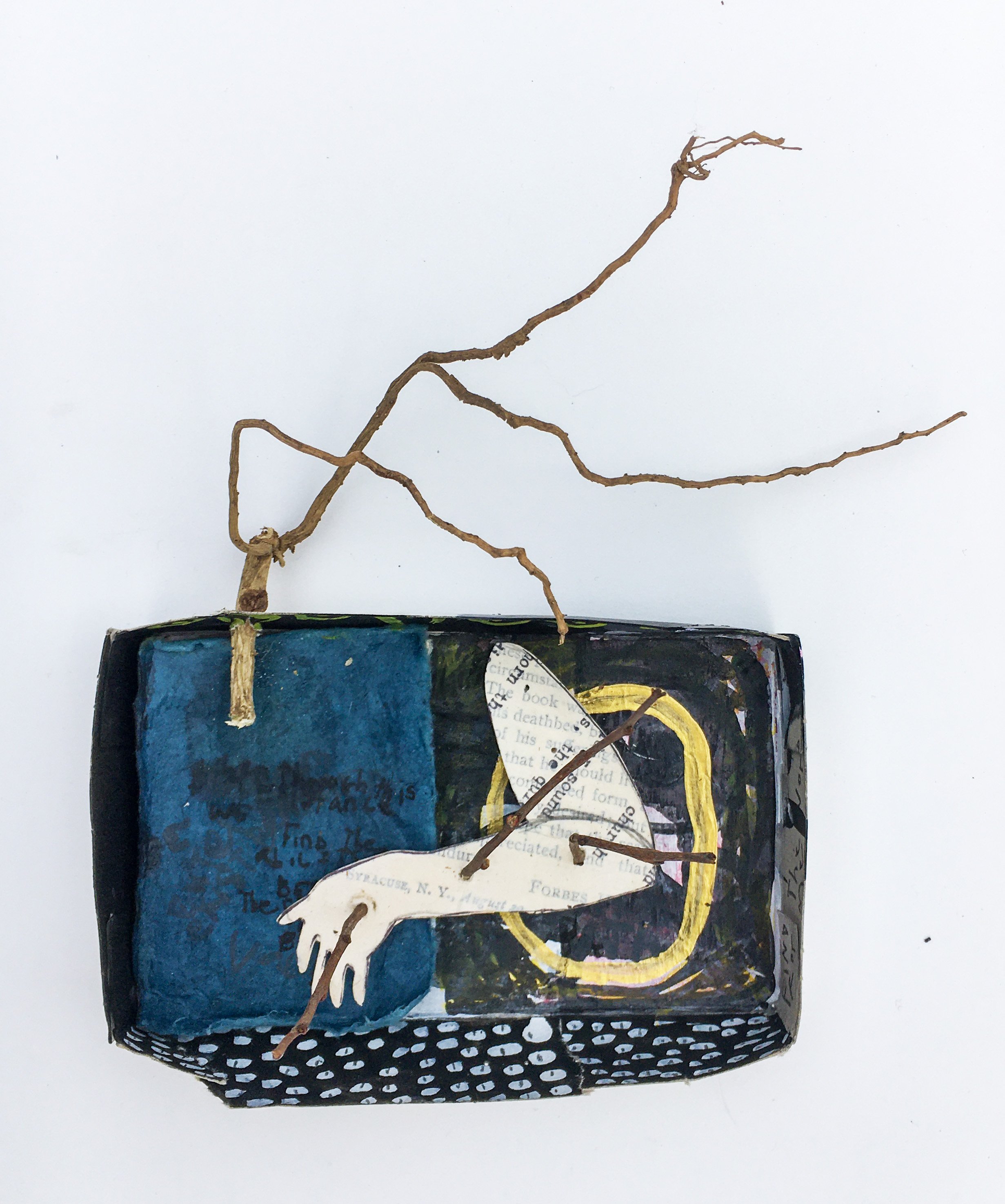   From Anywhere They Appear , 2020. Paper, box lid, plant roots, gouache, gold paint. 8” x 5.5” x 1”.  