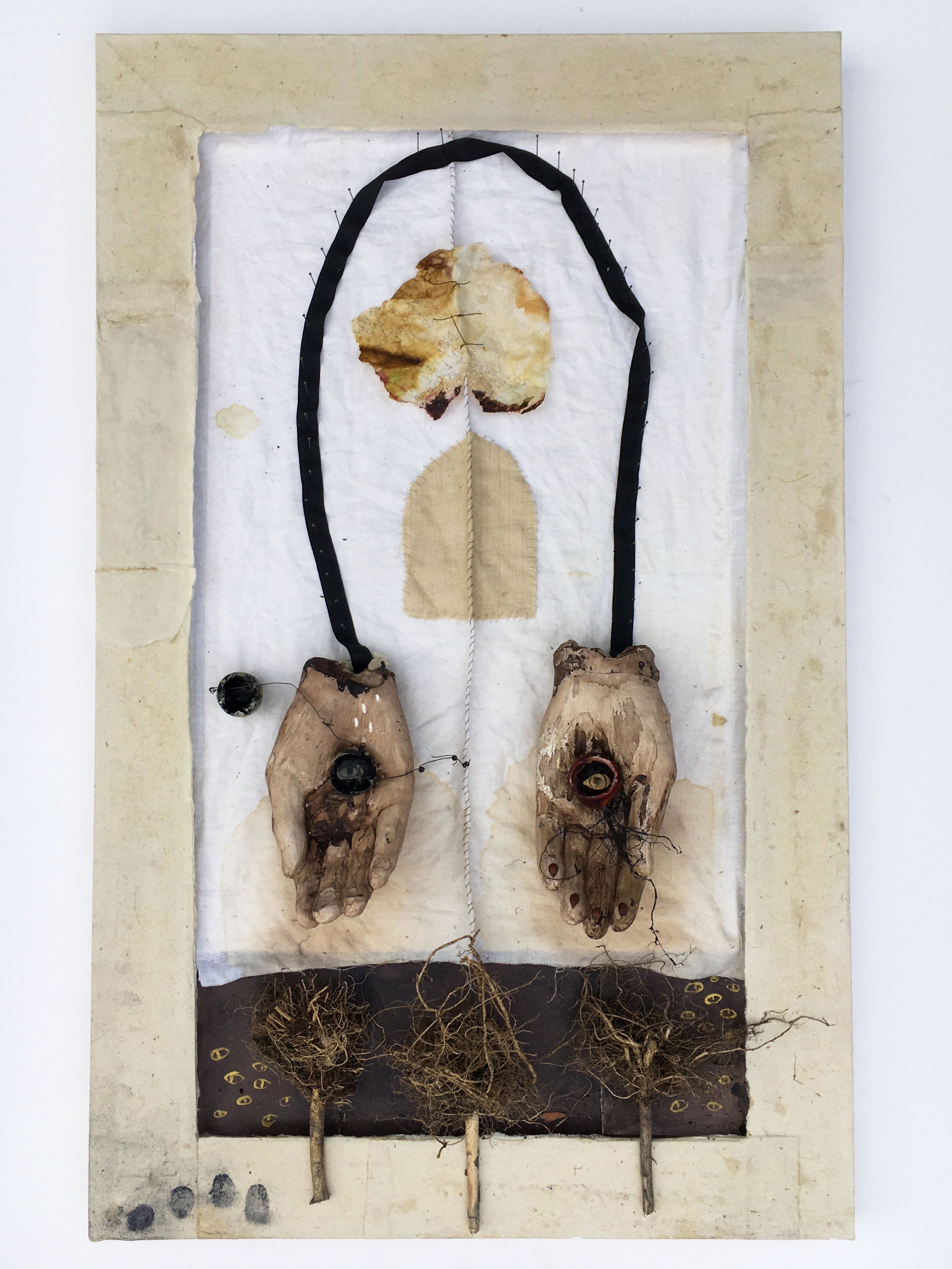   Gift of , 2020. Plaster, paper, plant roots, wax, wire, black walnut ink, quail eggs, gold paint, ribbon, pins. 24” x 14.5 x 5” 