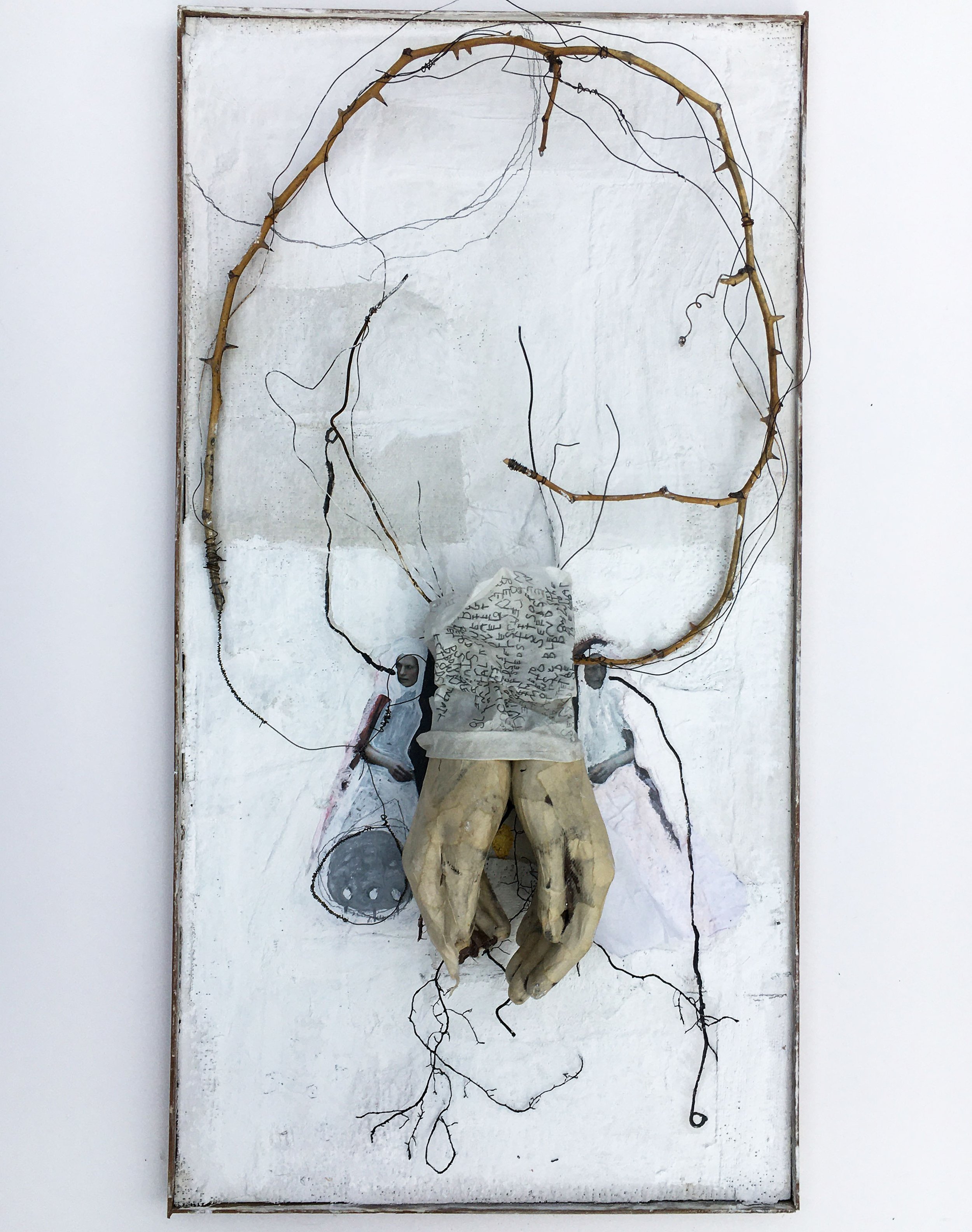   Devotion , 2021. Plaster, wax, paper, rose cane, plant roots, wire 26.5” x 13.5” x 5” 