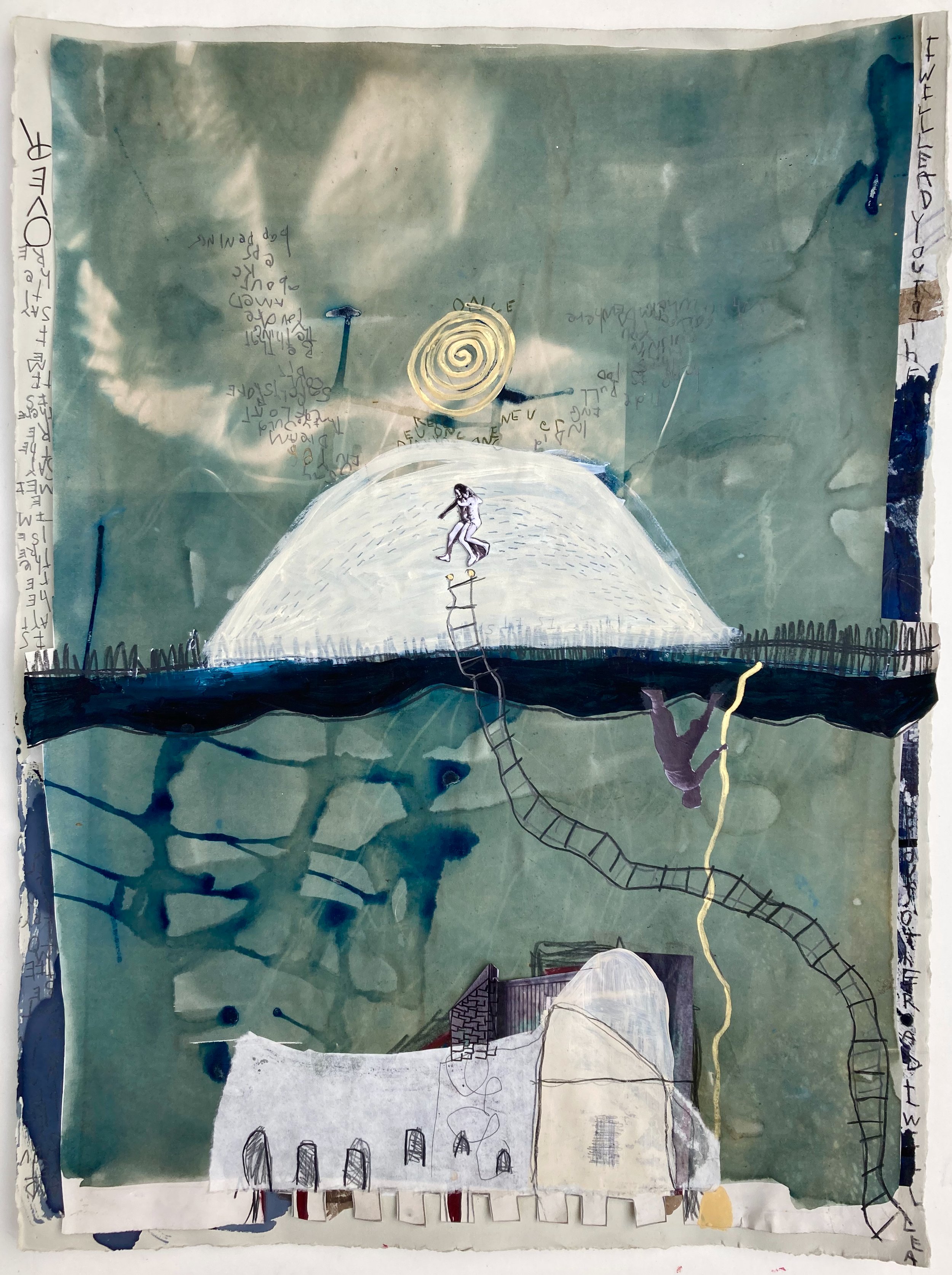 ALL OUR HOPE, 2023. Cyanotype print, gouache, ink, graphite, photo collage on paper. 30 X 22”. Private collection. 