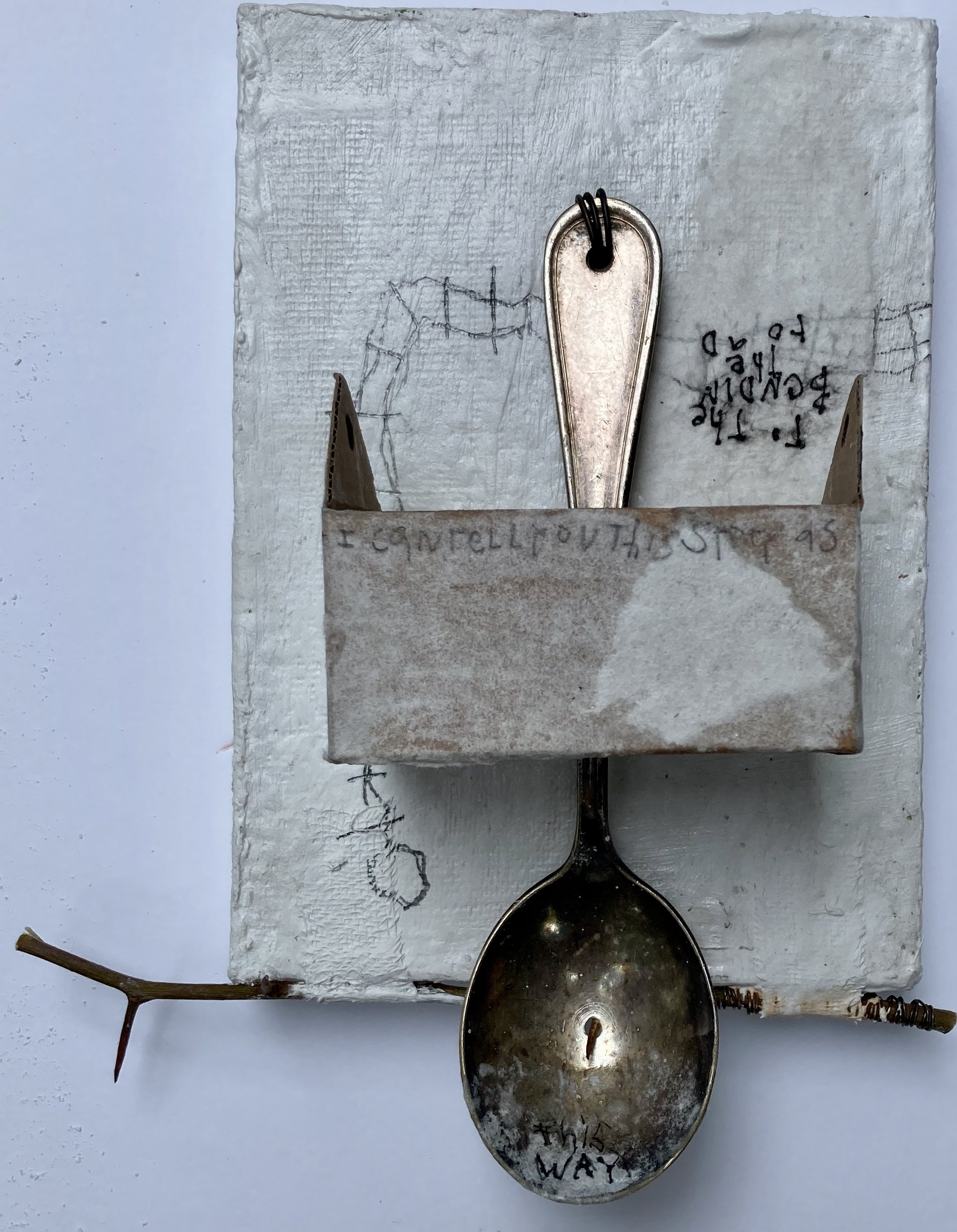 SIMPLE TOOLS FOR SURVIVAL, 2023. Plaster, cardboard, graphite, ink on panel, 8.5 x 5”. Private collection. 