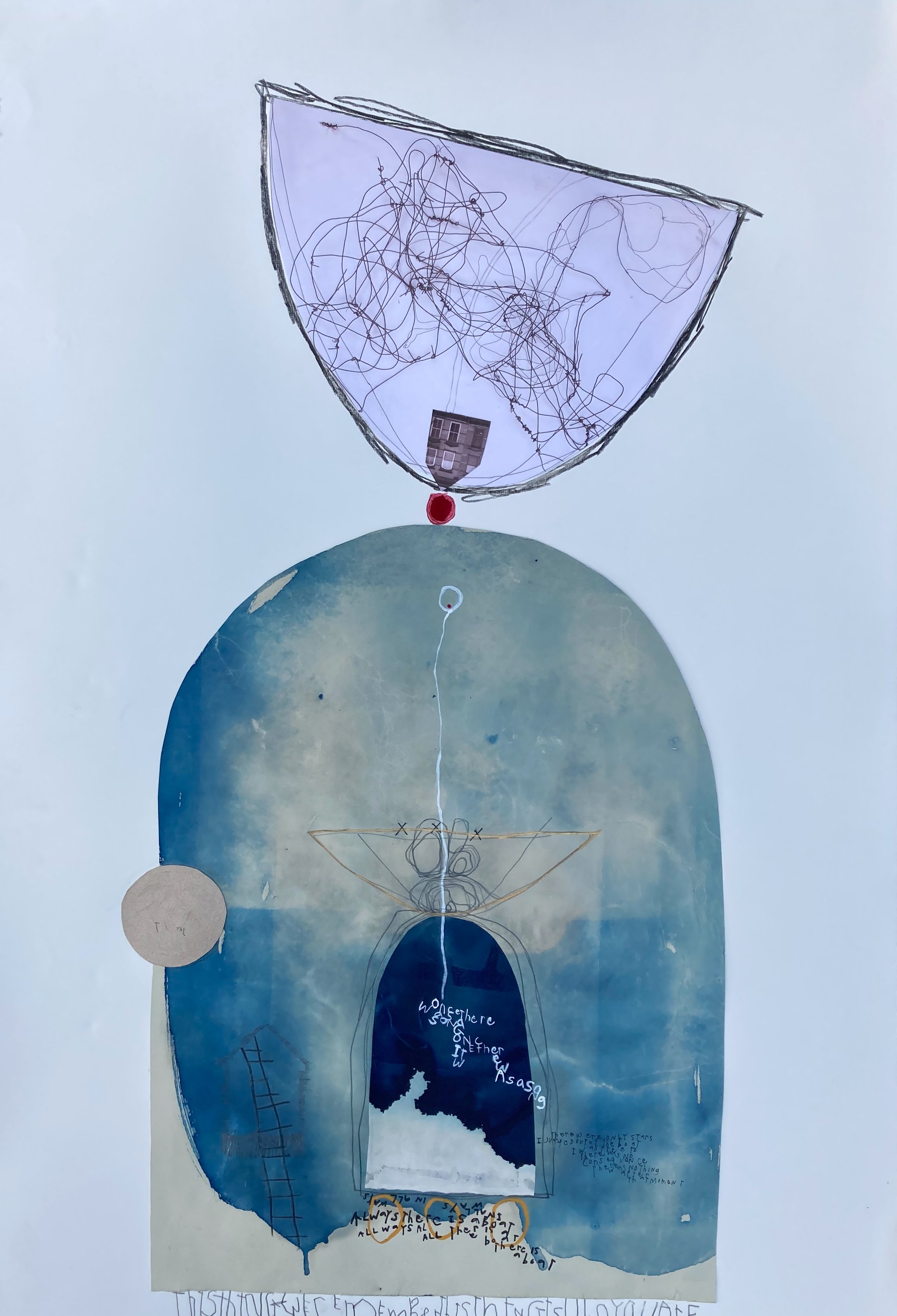 FOLLOW THE LIGHTNING, 2023. Cyanotype print, photo collage, gouache, ink, graphite on paper, 44 x 30”.