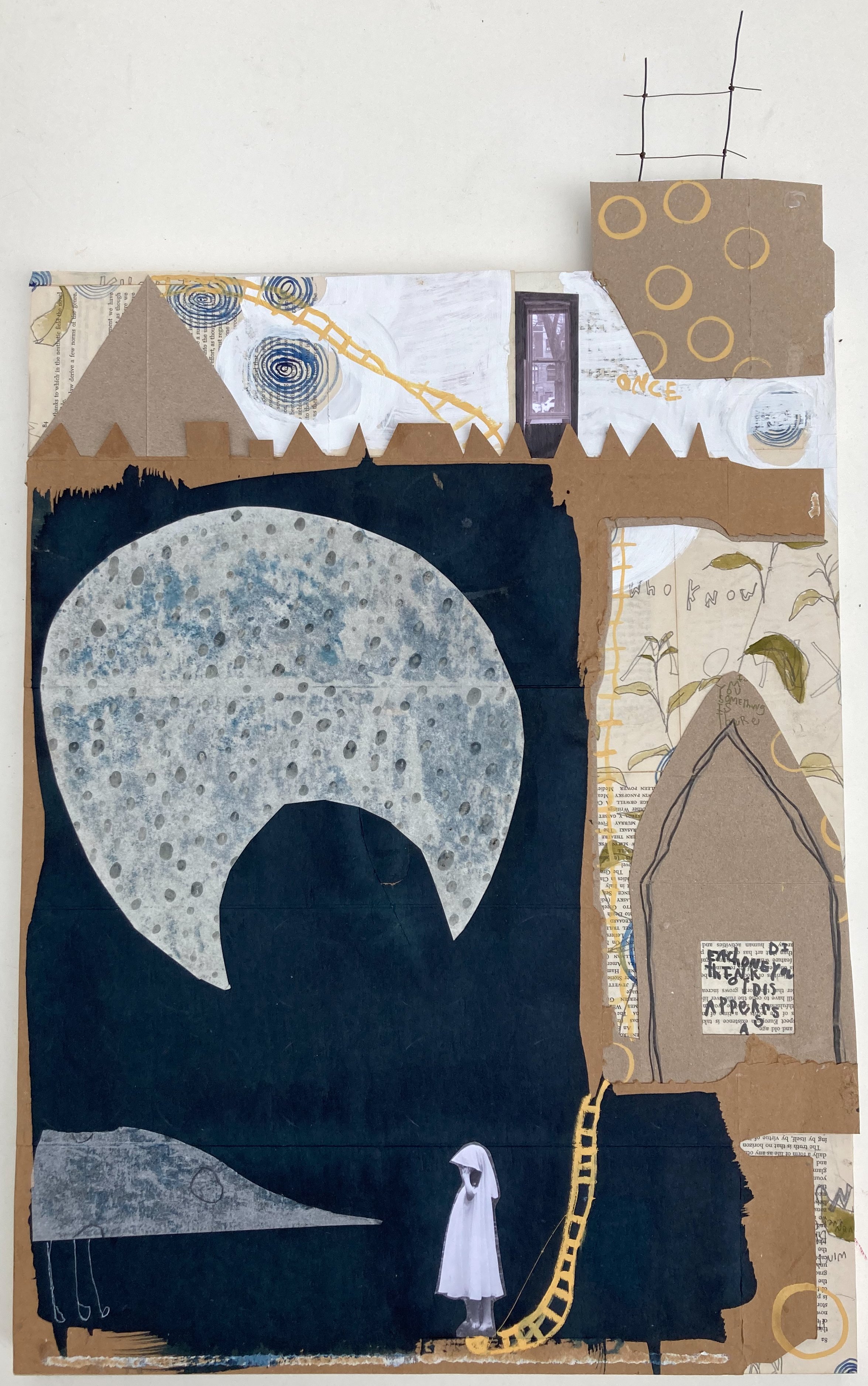 PRESERVATION FIELD, 2023. Cardboard, paper, gouache, wax, AI photo collage on panel, 30 x 18”