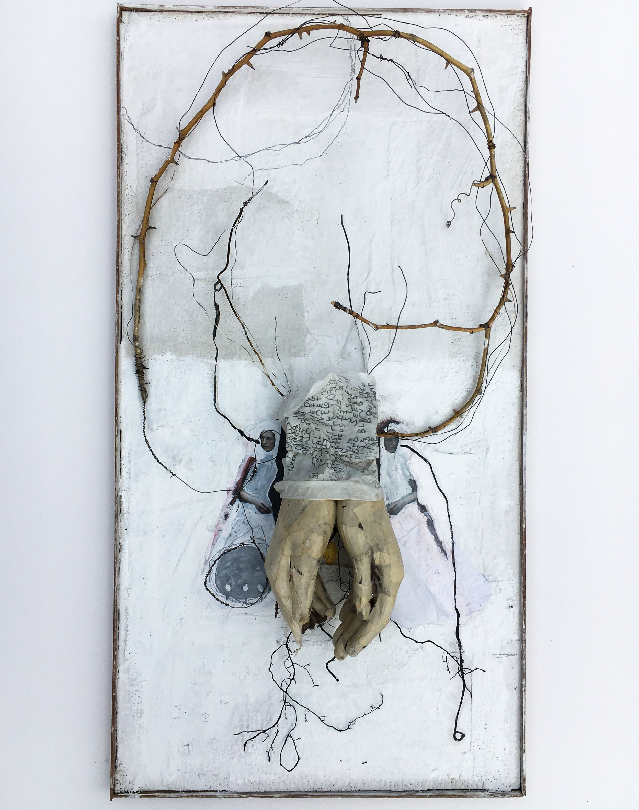 DEVOTION, 2021. Plaster, wax, paper, rose cane, plant roots, wire, 26.5 x 13.5 x 5”. Private collection. 