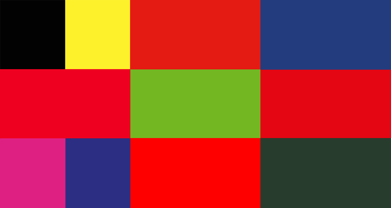 A selection of charity brand colours. From top left going clockwise: Amnesty International, Disasters Emergency Committee, Mind, Save the Children, National Trust, British Red Cross, Cancer Research, British Heart Foundation and Oxfam.