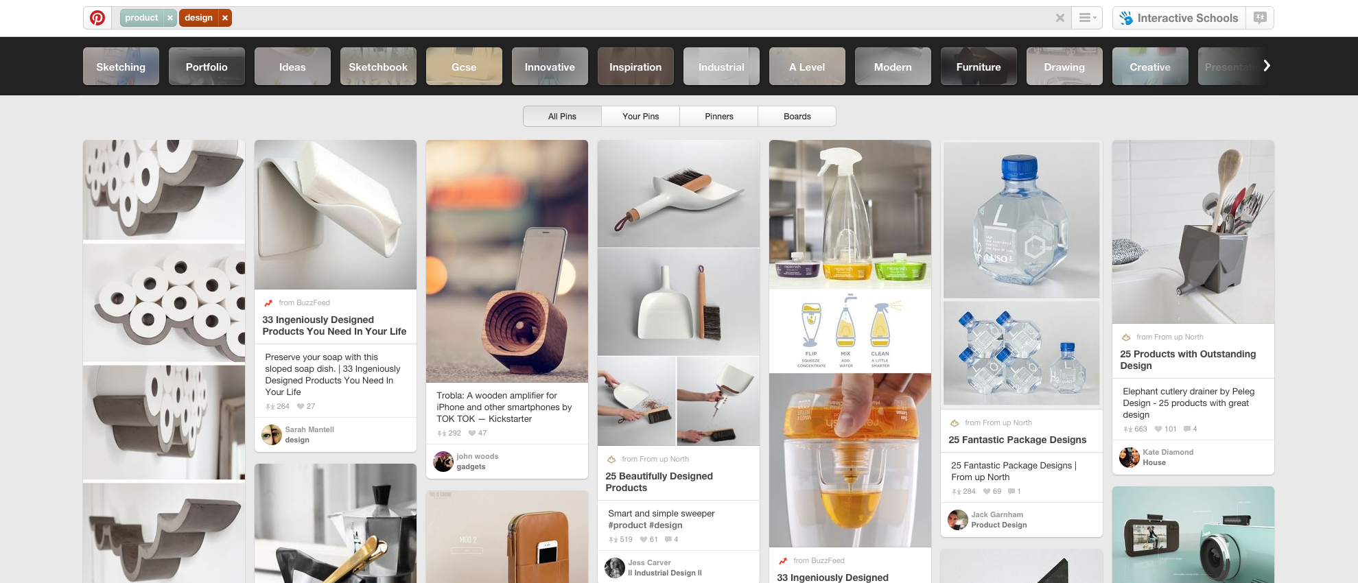 A search for 'Product Design' on Pinterest