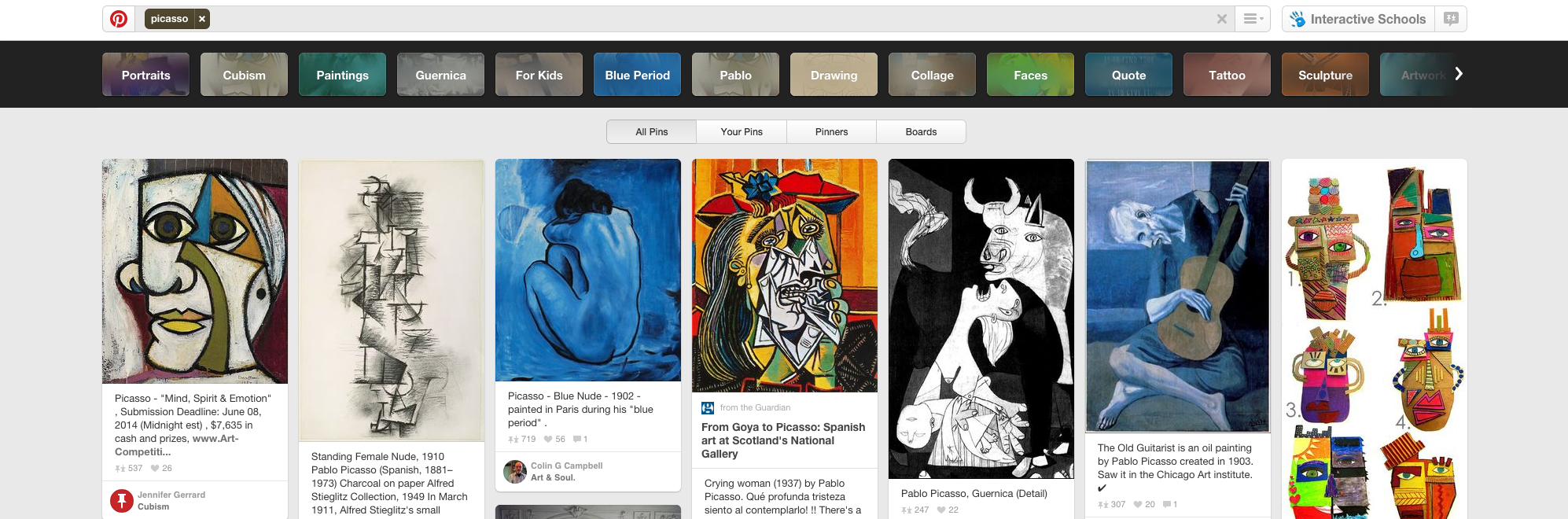 A search for 'Picasso' on Pinterest