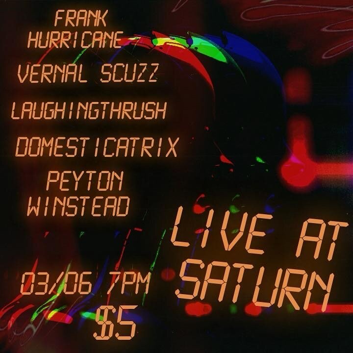 Coming up in March! Locals @domesticatrixbham laughingthrush @vernal.scuzz and Peyton Winstwad supporting the one and only @frankhurricane ! This won&rsquo;t be one to miss. Thanks @saturnbham for putting this together!

Flier by @violetgein