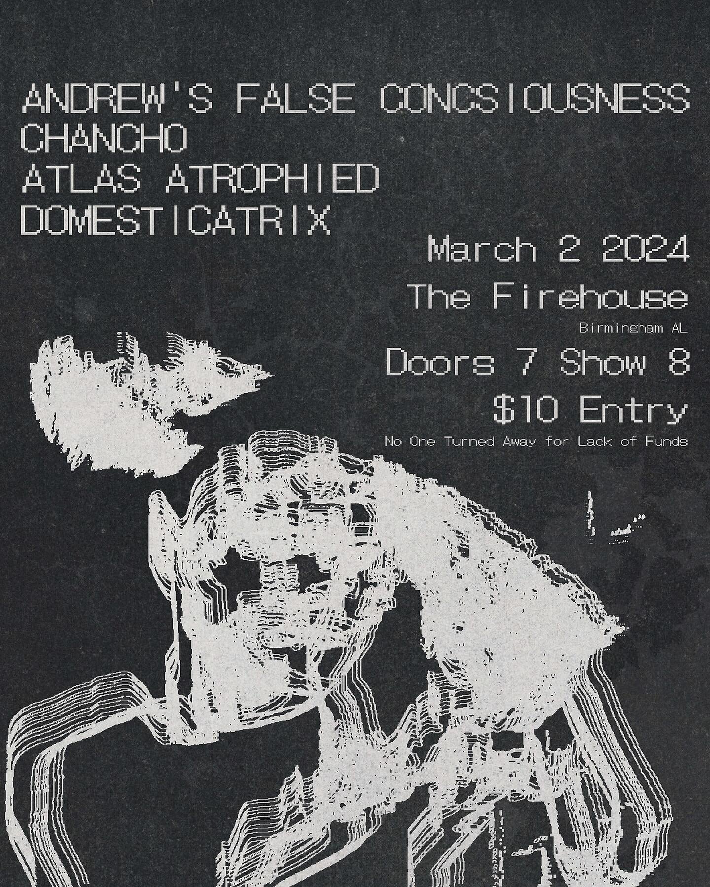 This Saturday, we&rsquo;ve got an electronic show that will captivate the senses and delight the ears. Andrew&rsquo;s False Consciousness (North Carolina Noisy Hyperpop) with locals @chancho.bmt @domesticatrixbham and @atlasatrophied (auburn).

Flier