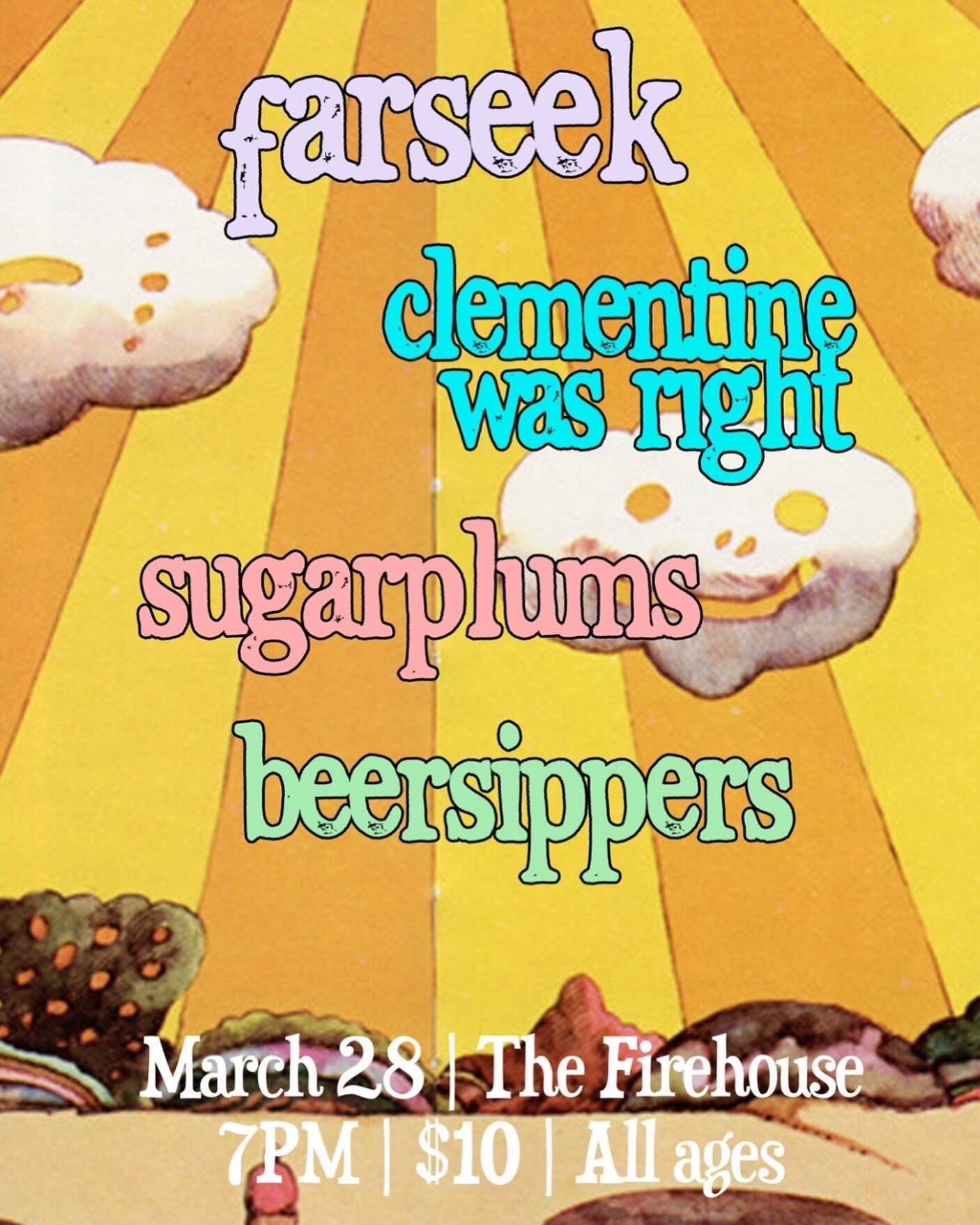 Thursday! Thursday! Thursday! Rockers @clementine_was_right with @farseekx along with locals @sugarplumsband and @beeersipppers !

This will be an indie rock extravaganza that you won&rsquo;t want to miss!!! I know for a fact that we will hear &ldquo