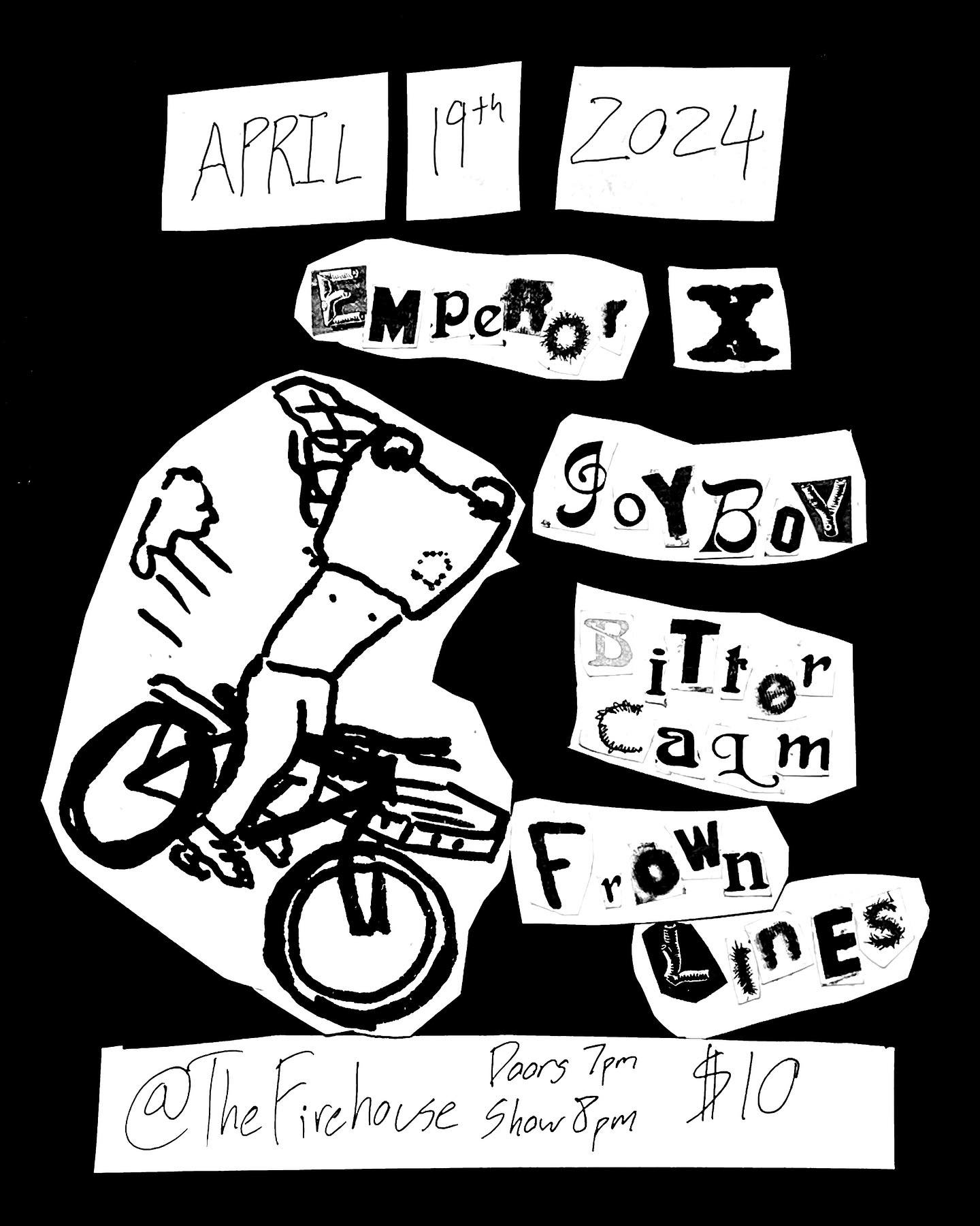 TOMORROW NIGHT: DIY power pop legend EMPEROR X returns to Birmingham after a 7(?) year absence for a STACKED show with Birmingham&rsquo;s JOYBOY (two shows left!!!), new songs from Bitter Calm and dazzling guitar from Frownlines. Friday night firehou