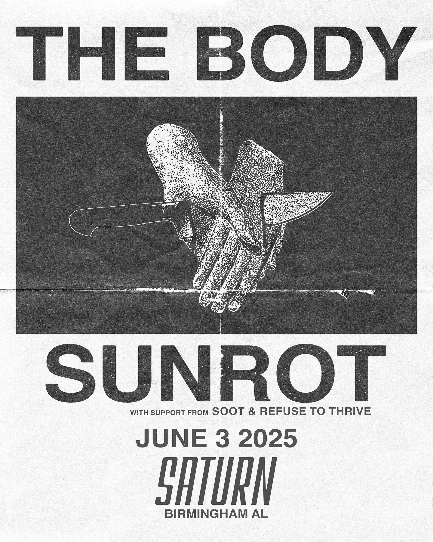 Crazy show at Saturn tonight with The Body &amp; Sunrot, and Nashville homies Soot and Birmingham Grind Gods Refuse to Thrive are opening the gig 🔥 make it out or regret it
