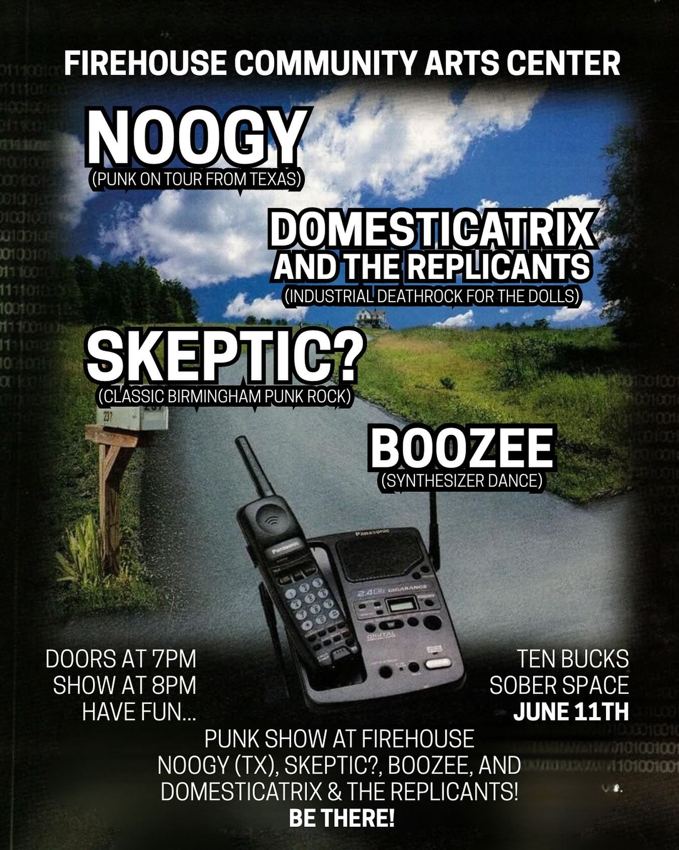 Tonight! Ska-punk rockers @noogy_txpx return to @firehousecommunity with @skepticbirmingham @domesticatrix_industrial_noise and the replicants and @_booozee_ ! Be there! Sober space.