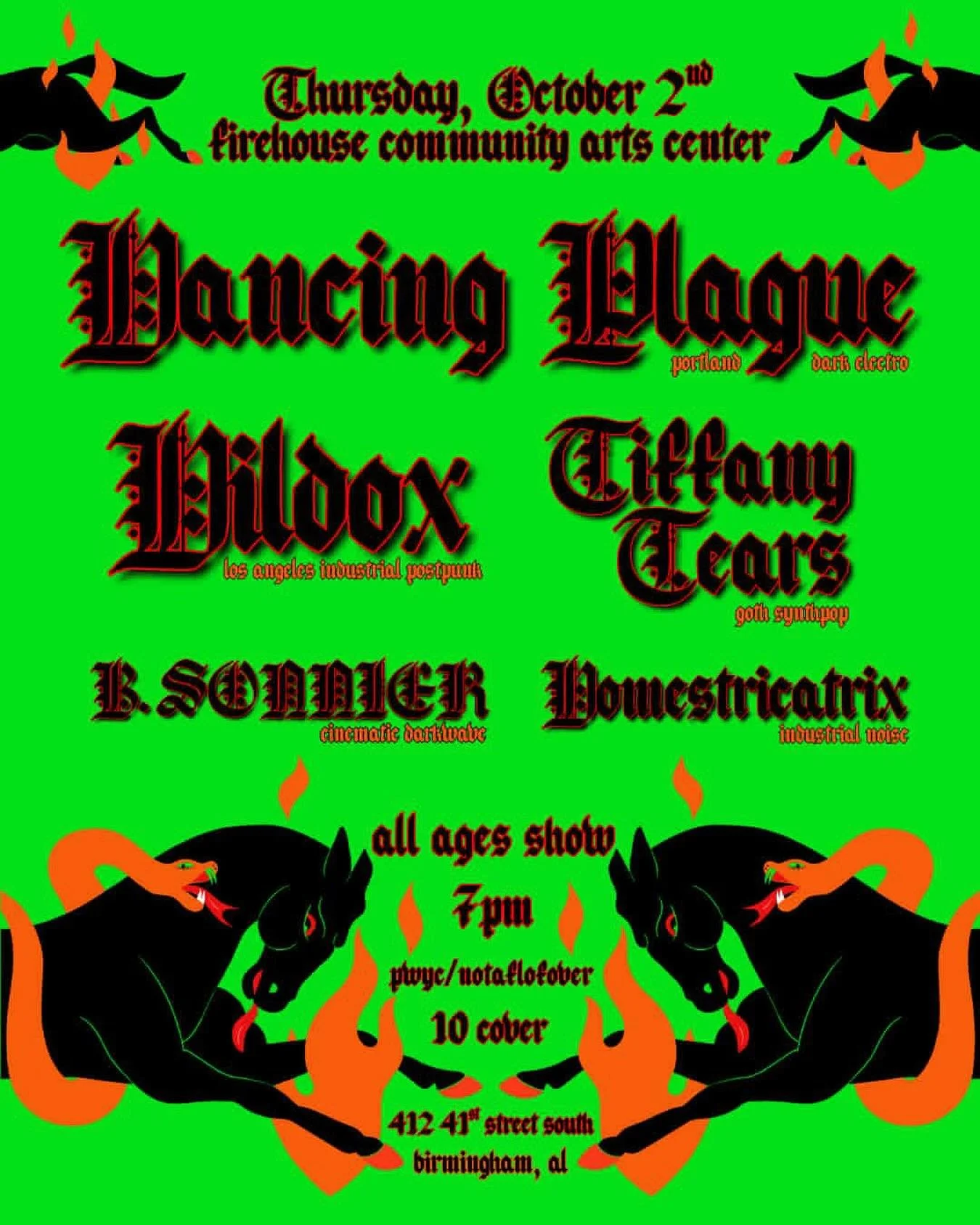 Thursday! @dancingplaguemusic and @dil.dox on tour! Joined by local friends @tiffanytearsofficial @b.sonnier.exbs and @domesticatrix_industrial_noise , this show will definitely encourage the bats to leave the belltower!