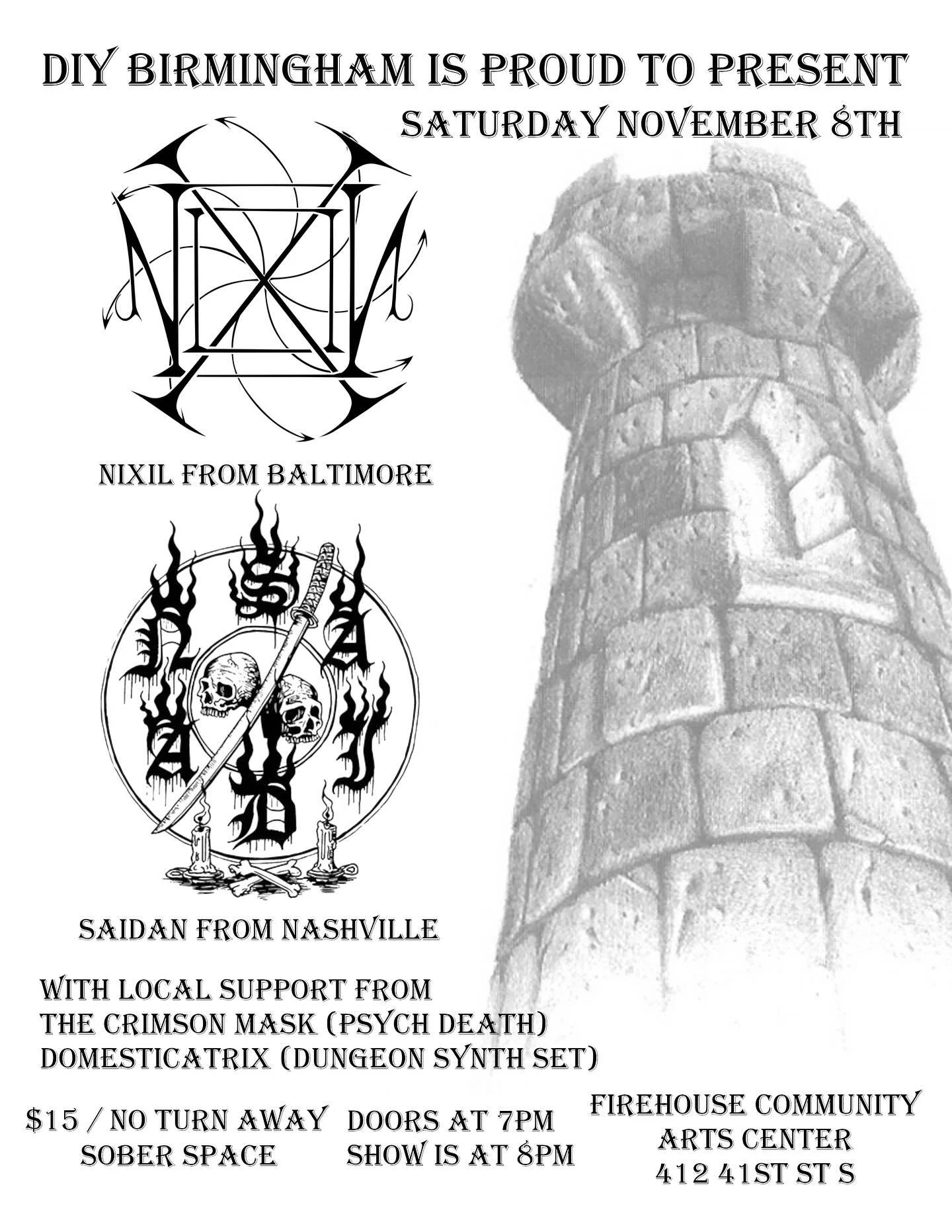 Black Metal, Psychedelic Death Metal, and Dungeon Synth at @firehousecommunity ! @nixilnothing and @saidan.metal is coming through with local support from The Crimson Mask, fresh off their great new album, and @domesticatrix_industrial_noise doing an